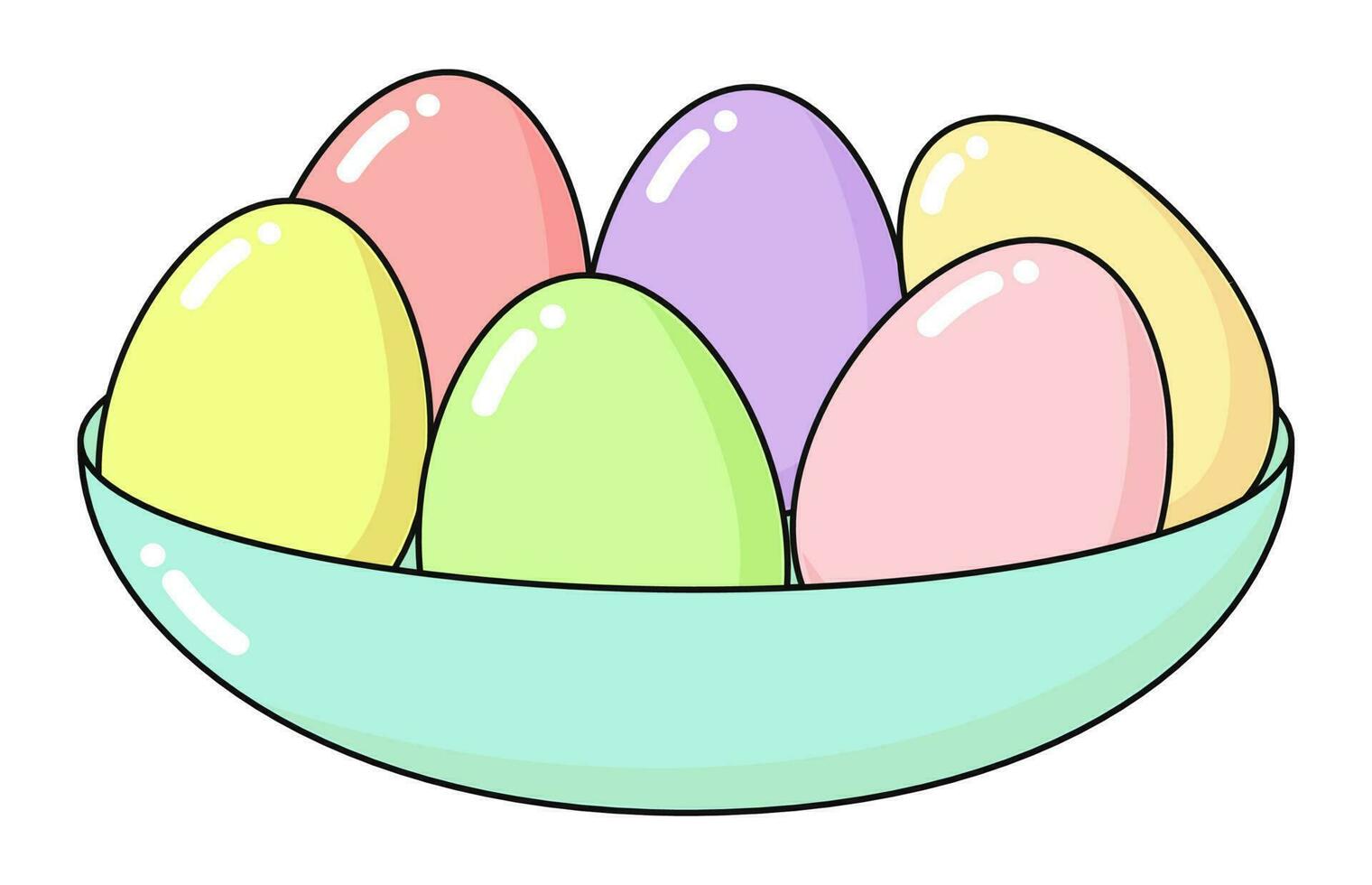 glücklich Ostern Karte mit gemalt Eier im Platte. Urlaub Konzept Färbung im hell Farben - - Rosa, Blau, Gelb, Grün und Koralle. Platz Vektor eben Illustration isoliert auf Weiß Hintergrund