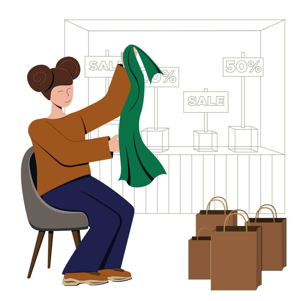 en modern flicka tolkningar inköp på de bakgrund av de monter av de försäljning, hon har en nacke scarf. virtuell handla och förändrad verklighet i detaljhandeln. vektor begrepp illustration