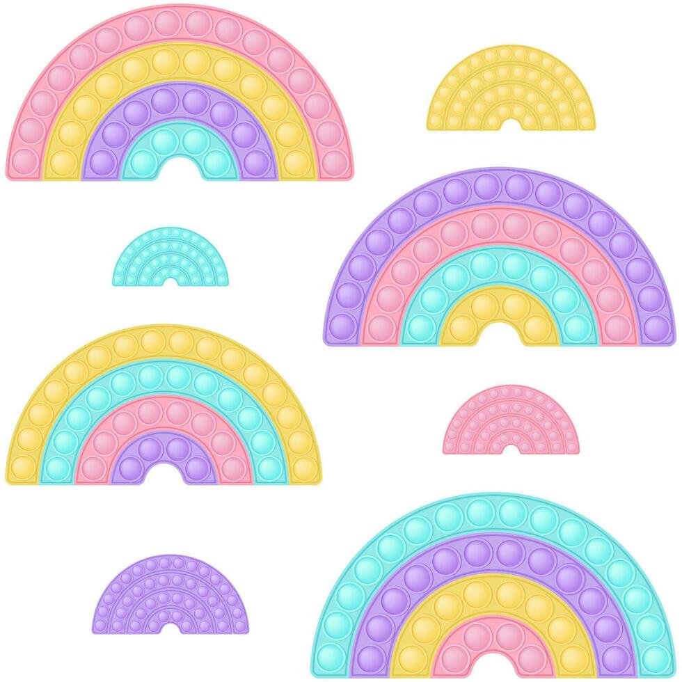 knallen Spielzeug Regenbogen Muster Hintergrund wie ein modisch Silizium zappeln. süchtig machend Anti-Stress im Pastell- Farben. Blase Hintergrund mit Regenbögen. Vektor Illustration breit Format.
