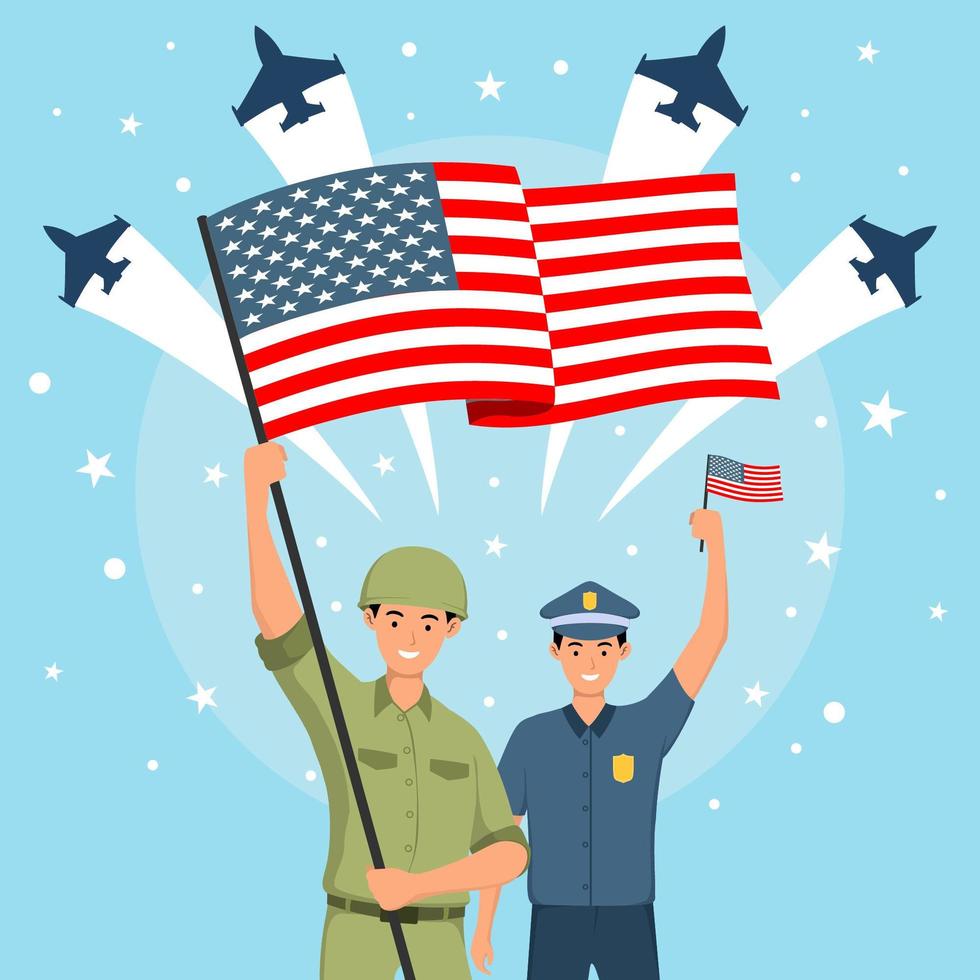 armé soldat och polis firar amerikanska självständighetsdagen vektor