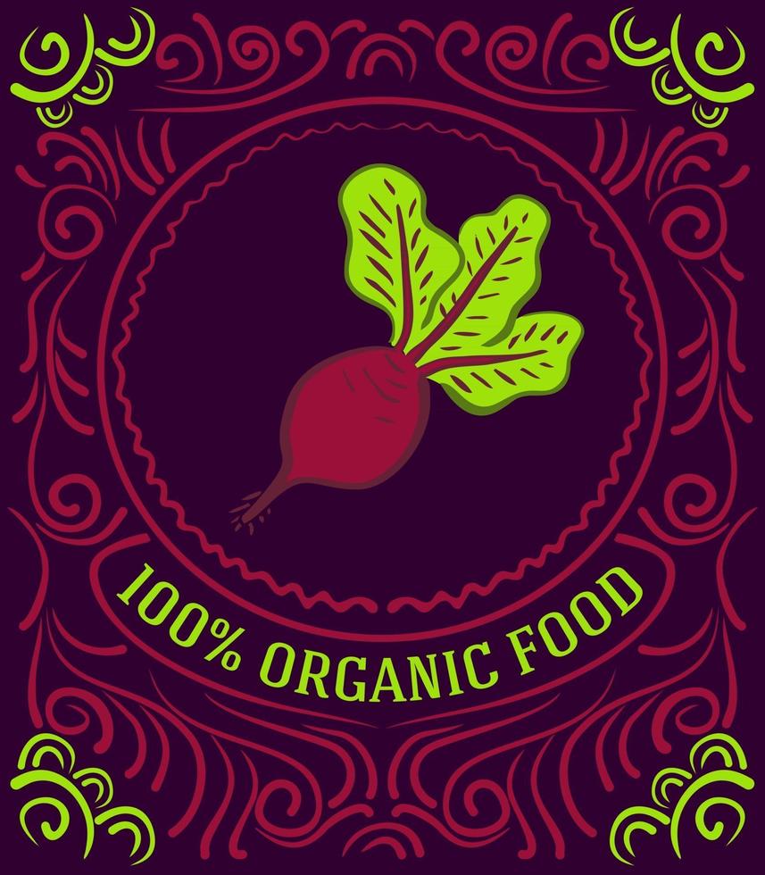 vintage etikett med rödbetor och bokstäver 100 procent ekologisk mat vektor