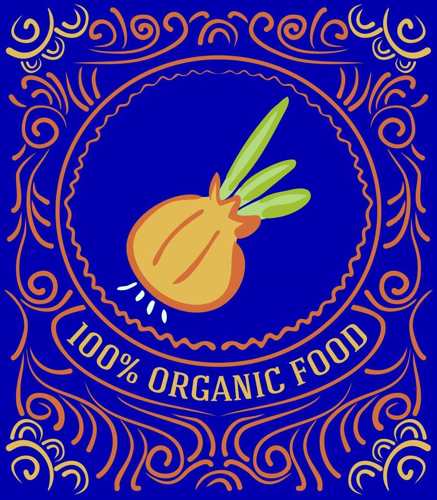 Vintage-Label mit Zwiebel und Schriftzug 100 Prozent Bio-Lebensmittel vektor