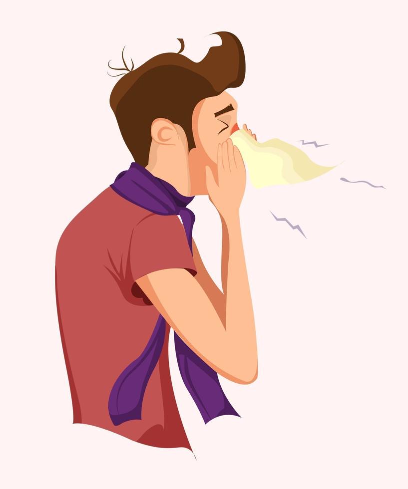 kranker Mann unglücklicher Charakter Vektor Cartoon Illustration Mann mit Taschentuch in Hand Saison Allergie