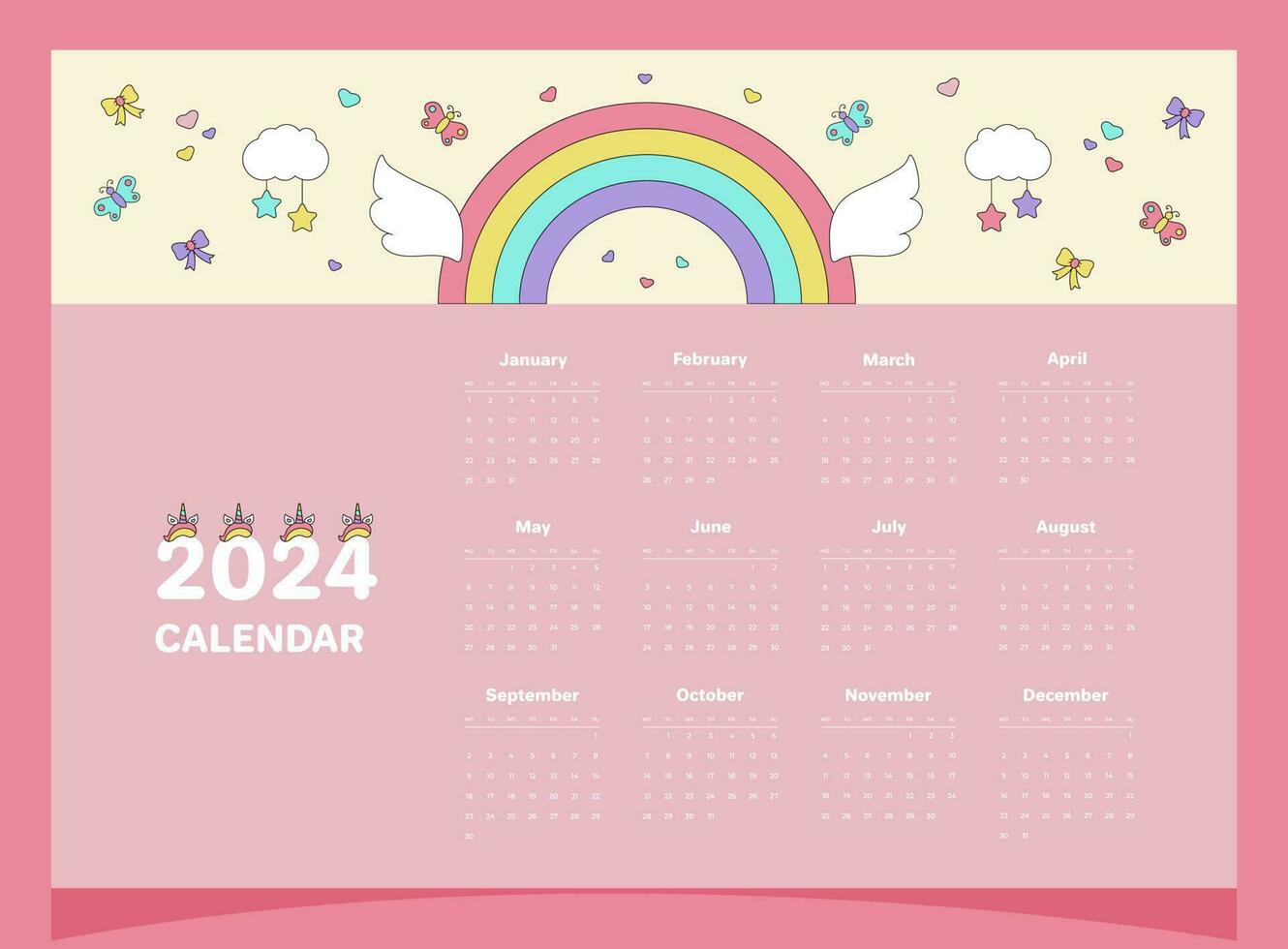 kalender 2024 rosa för en barn med element av enhörning, regnbåge, vingar, moln, fjärilar, pilbågar, hjärtan. vektor