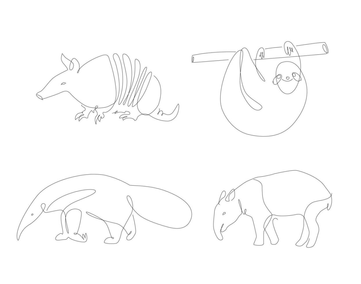 einer Linie Tiere von Süd Amerika. ungewöhnlich Gewürze Linie Kunst. Tier und linear vektor Grafik. Tapir und Ameisenbär