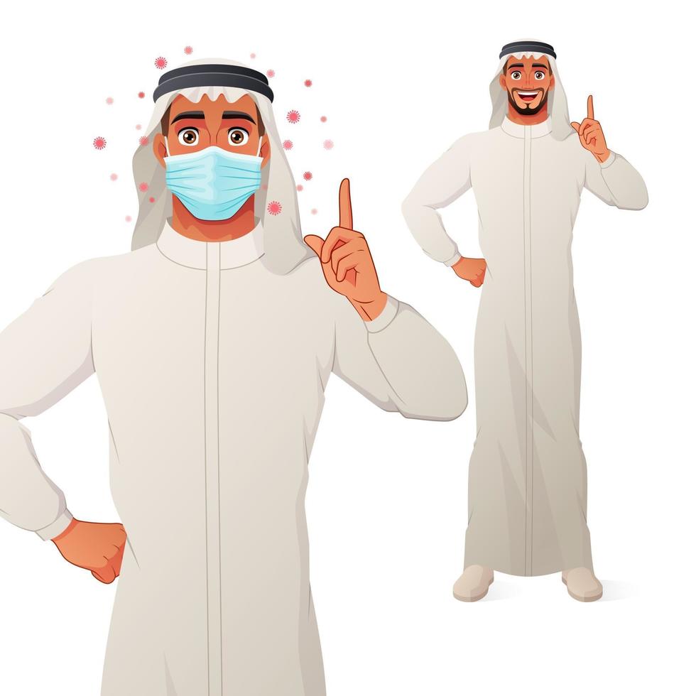 Araber in der Gesichtsmaske zeigt mit dem Finger nach oben, um Ratschläge zur Vektorillustration zu geben vektor