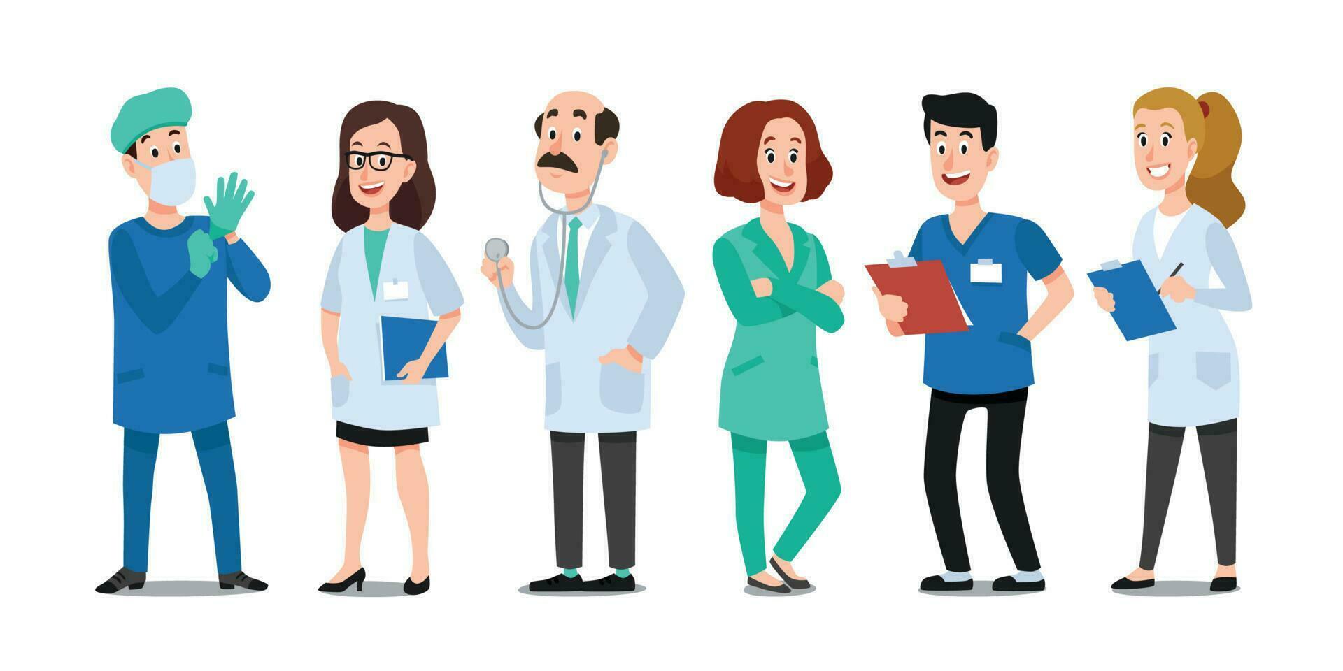 Medizin Ärzte. medizinisch Arzt, Krankenhaus Krankenschwester und Arzt mit Stethoskop. Medizin Gesundheitswesen Arbeitskräfte Karikatur Vektor Zeichen einstellen
