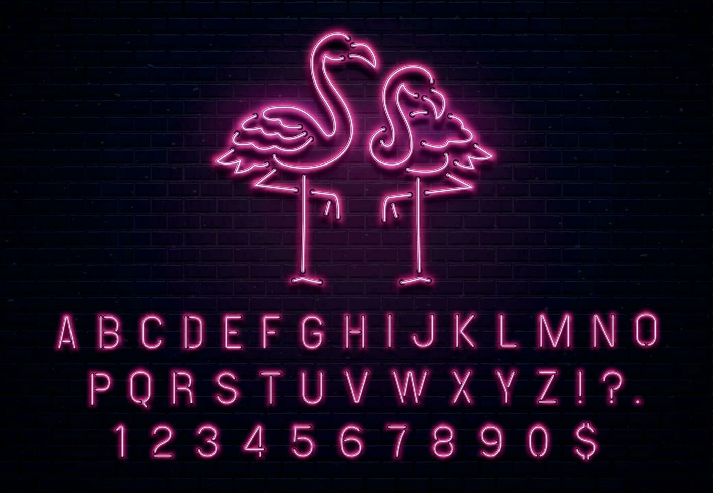flamingo neon tecken. rosa 80s font. tropisk flamingos elektrisk glöd bar anslagstavla med lila ljus Glödlampa brev vektor illustration