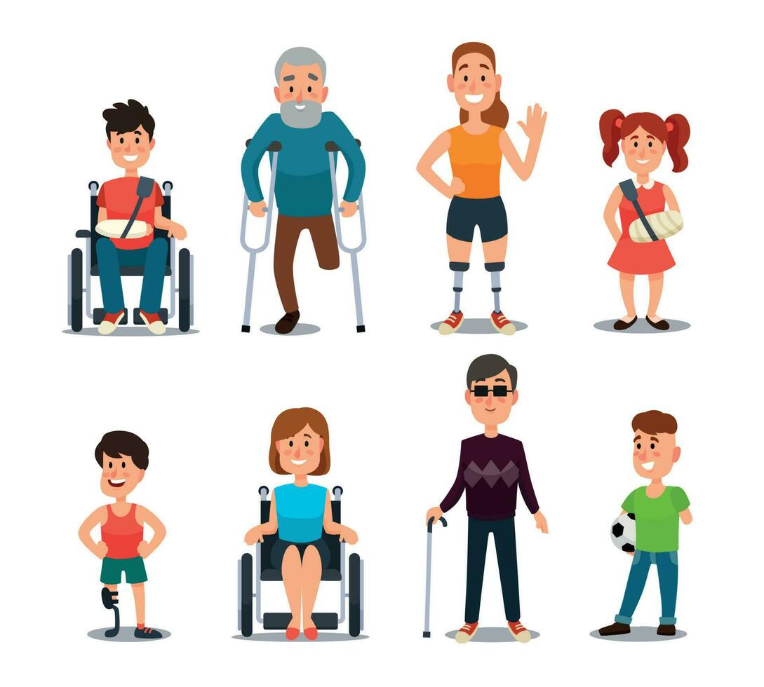 handikapp människor. tecknad serie sjuk och Inaktiverad tecken. person i rullstol, skadade kvinna, äldre man och sjukdom barn vektor uppsättning