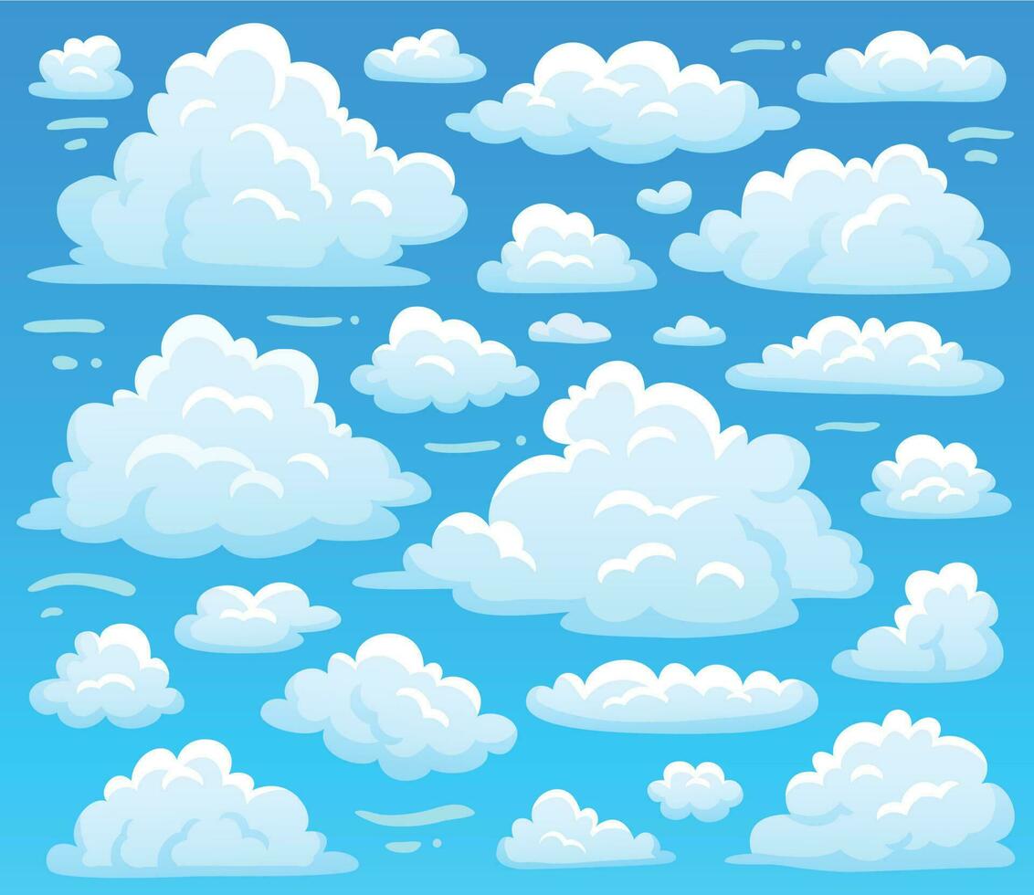 tecknad serie fluffig moln på azurblå skys. himmelskt moln på blå himmel, atmosfärisk clouds vektor illustration
