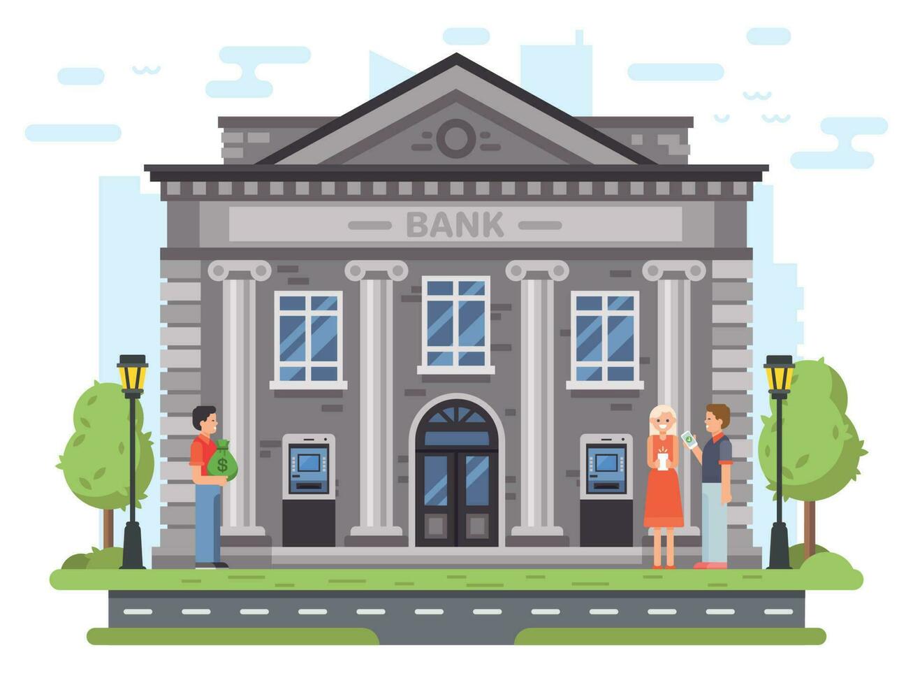 Bankwesen Operationen. Bank Gebäude Fassade mit Säulen. Menschen tragen Geld zu Banken, verwenden Geldautomat und senden Überweisungen Vektor Illustration