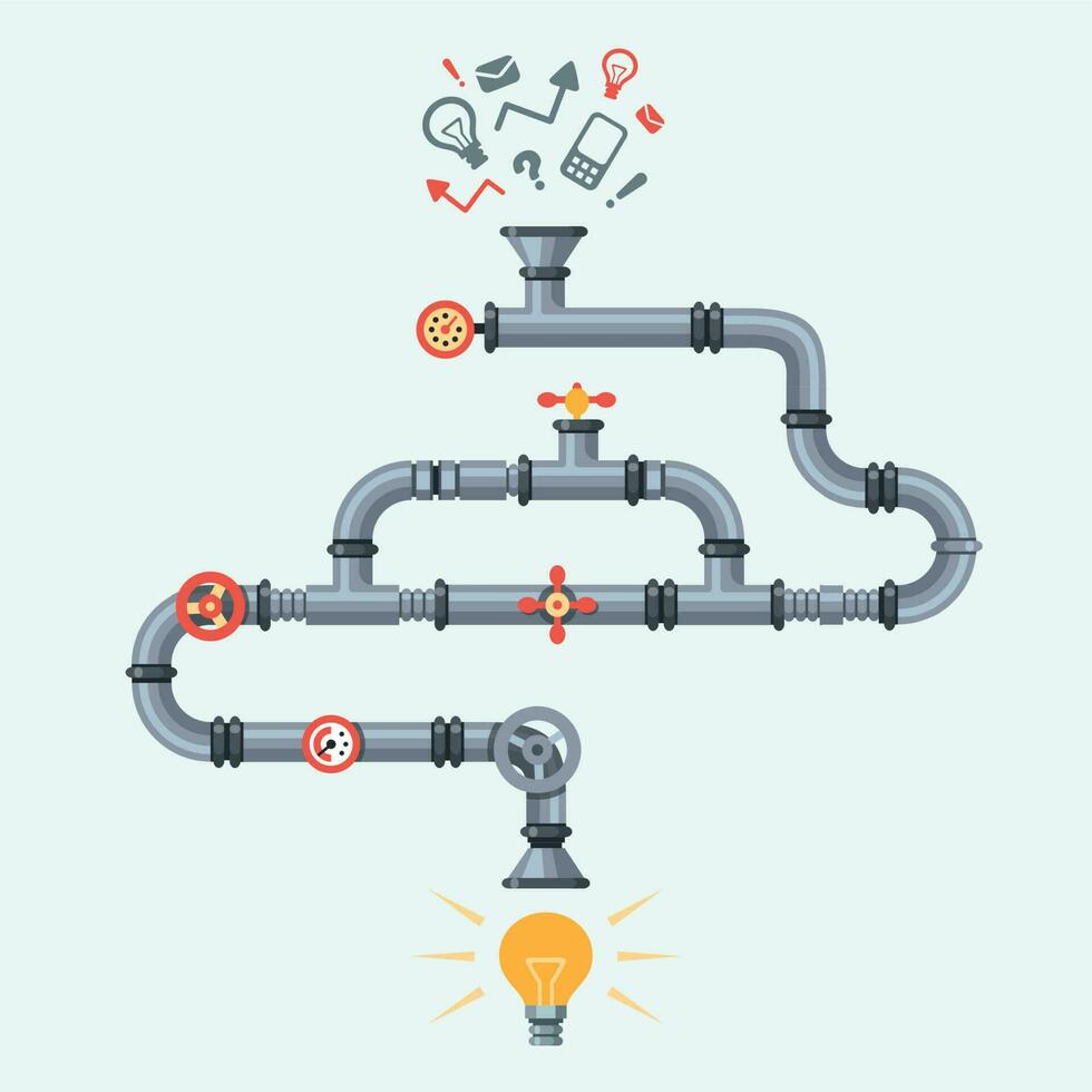 Ideen Generator. Idee Generation Maschine, Industrie Pipeline Fabrik Maschinen mit Beleuchtung Lampe. Geschäft Prozess Vektor Konzept