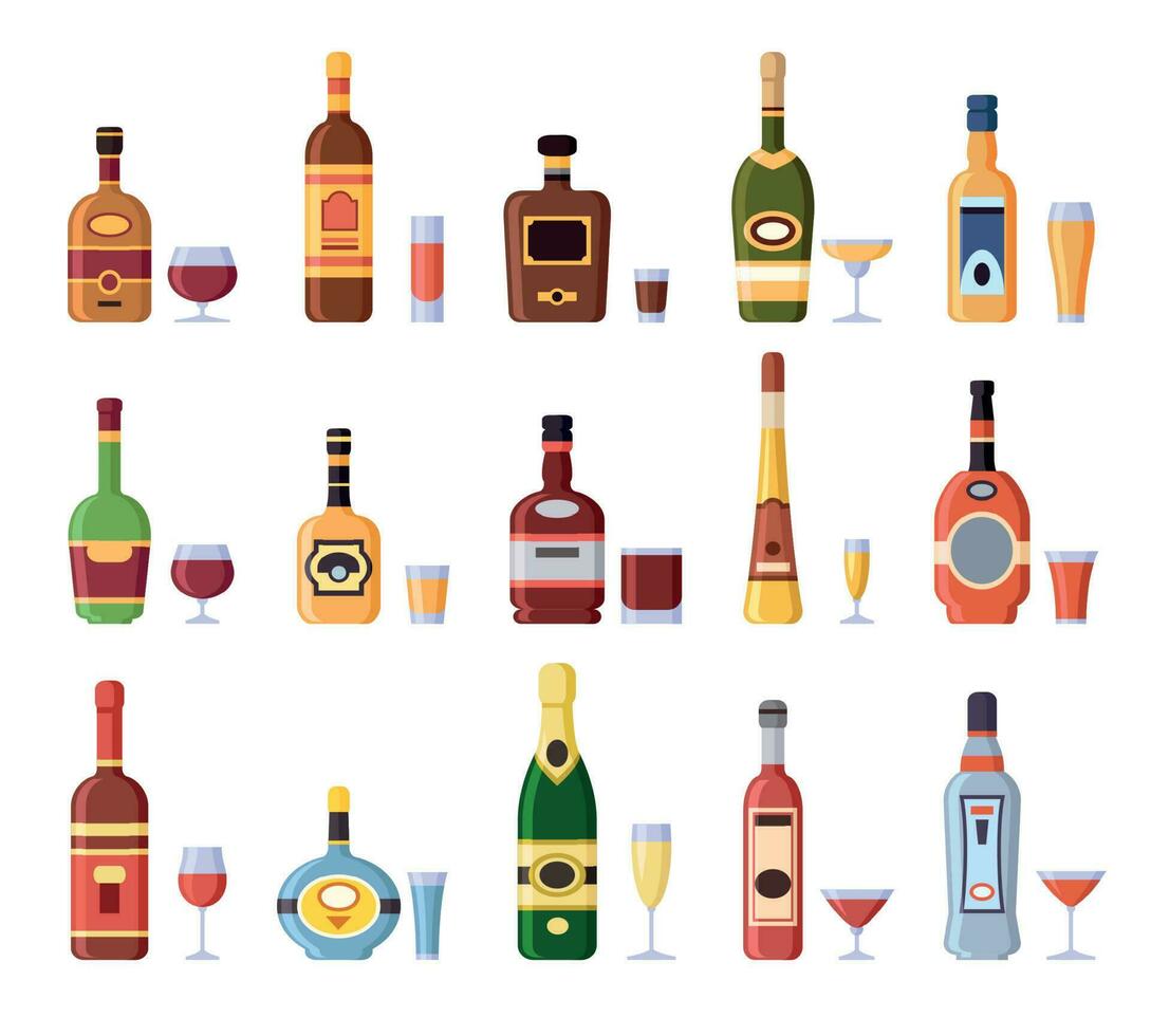 Alkohol Flaschen und Brille. alkoholisch Flasche mit Apfelwein, Wermut im Glas oder Likör Schuss und Weingläser isoliert Symbole Vektor einstellen