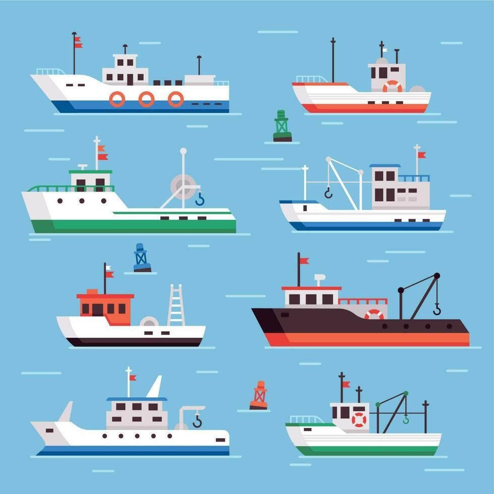 platt fiske båtar. kommersiell fiske fartyg, skaldjur industri fartyg och fiskare båt vektor samling