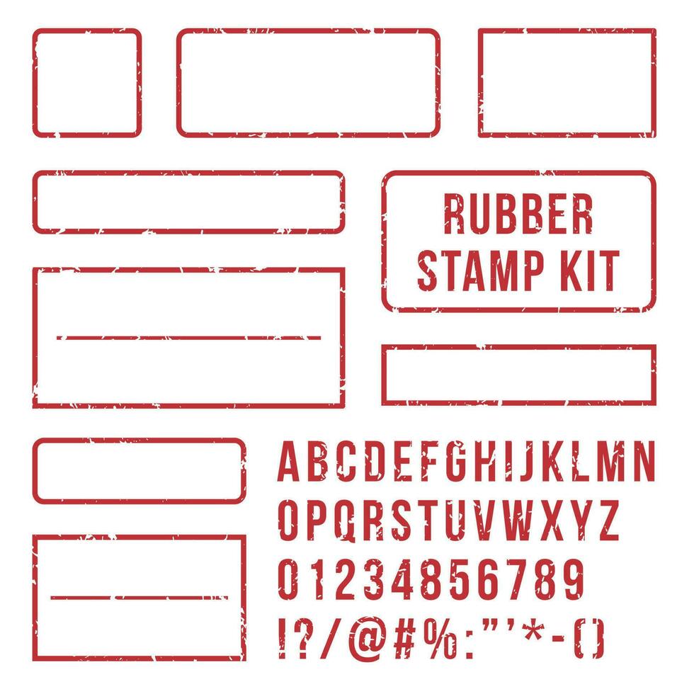 sudd stämpel brev. röd frimärken ram och boktryck symboler med font tal. märken utrustning vektor uppsättning