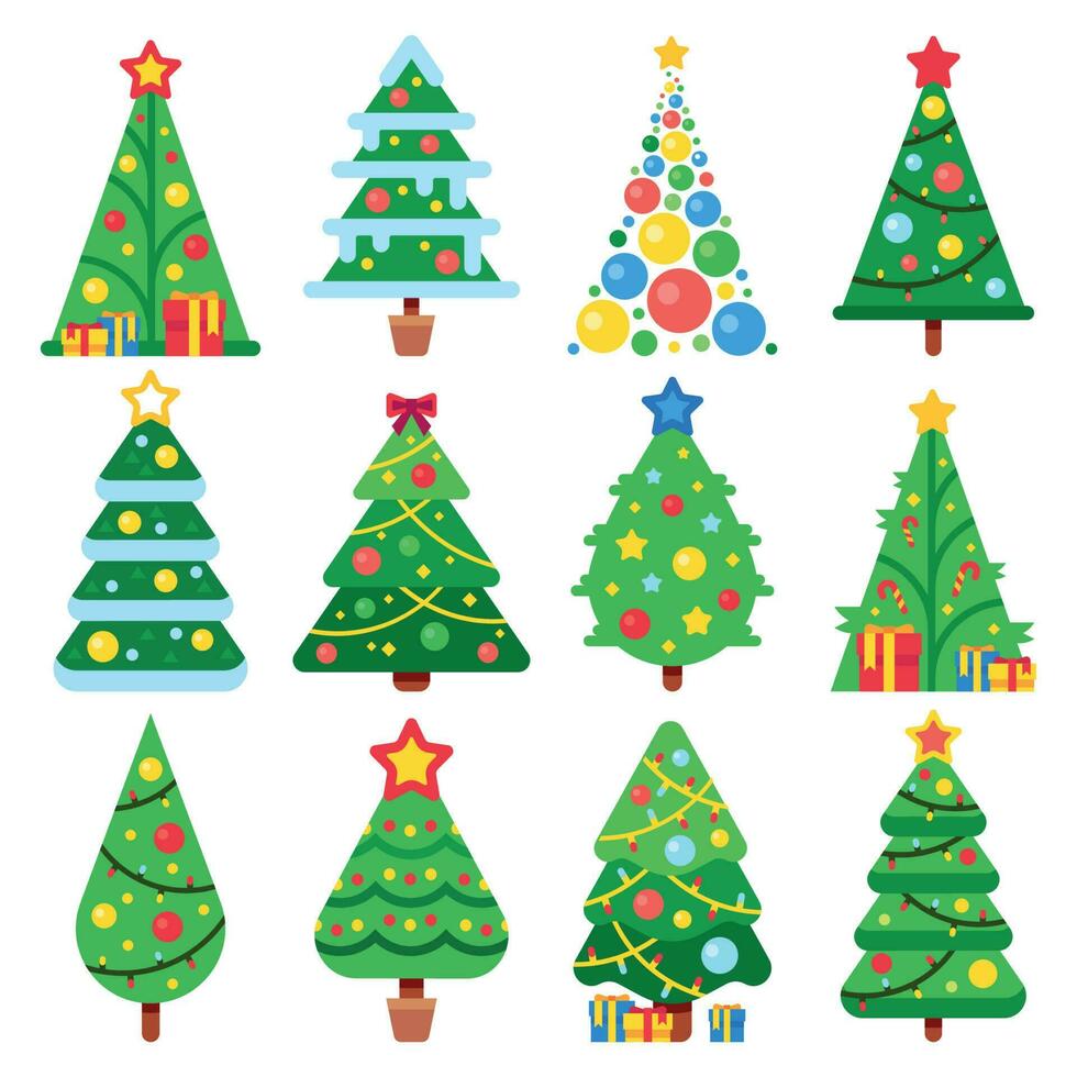 platt grön jul träd. december högtider modern träd med snö löv. xmas gran former vektor illustration uppsättning