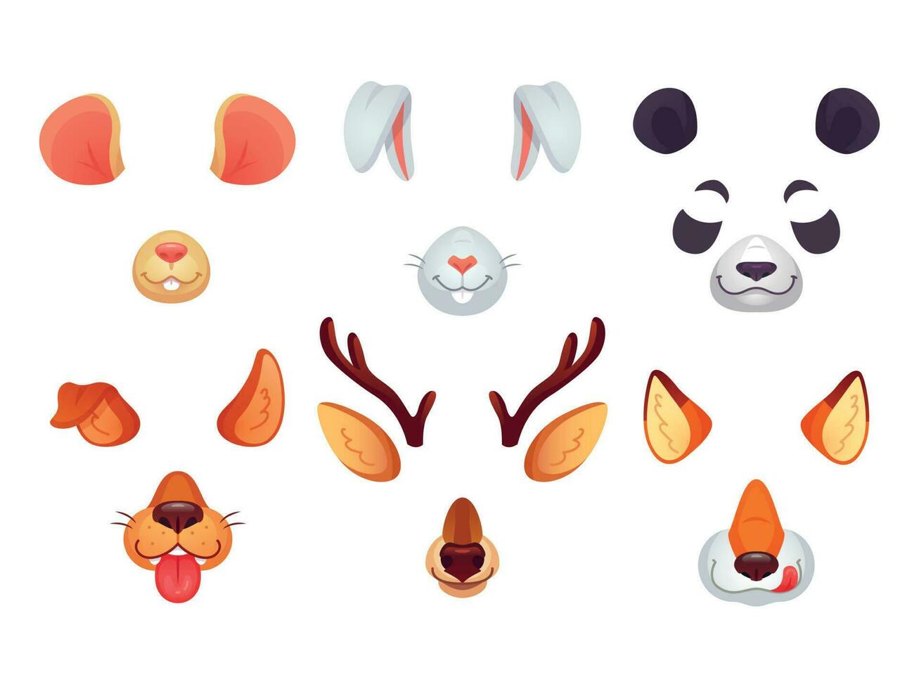 Karikatur Telefon Masken. komisch Tiere Ohren, Zunge und Augen. braun Hund Hase rot Fuchs Panda Bär Maus und Hirsch Maske. Tier Gesichter Vektor einstellen