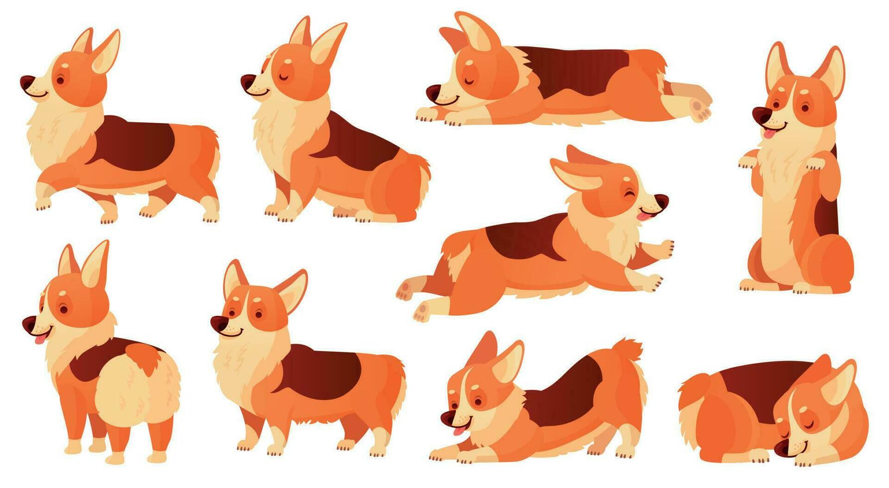 Karikatur Hund Charakter. Schlafen Corgi Hunde Posen, Stammbaum Hund Fitness Sport Übung und entspannend Haustier Yoga Pose isoliert Vektor einstellen