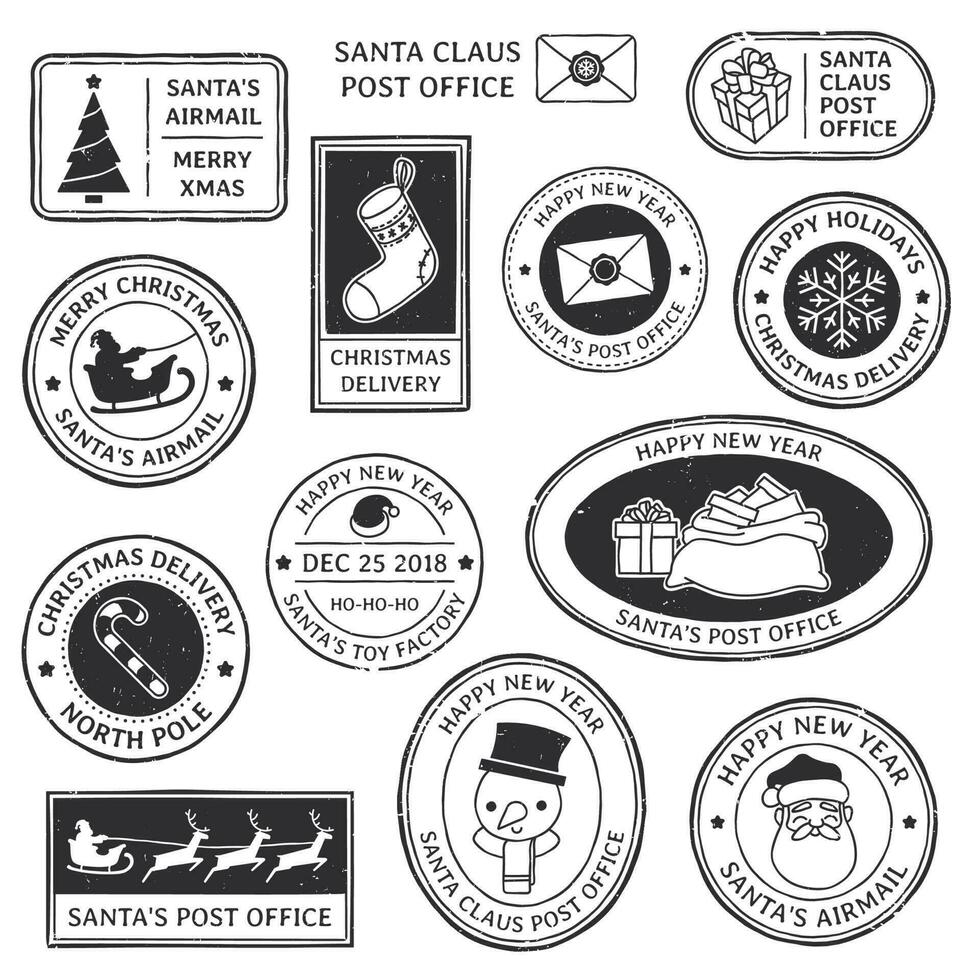 jul stämpel. årgång santa claus poststämpel, norr Pol post prägel och snöflinga symbol på frimärken vektor illustration uppsättning