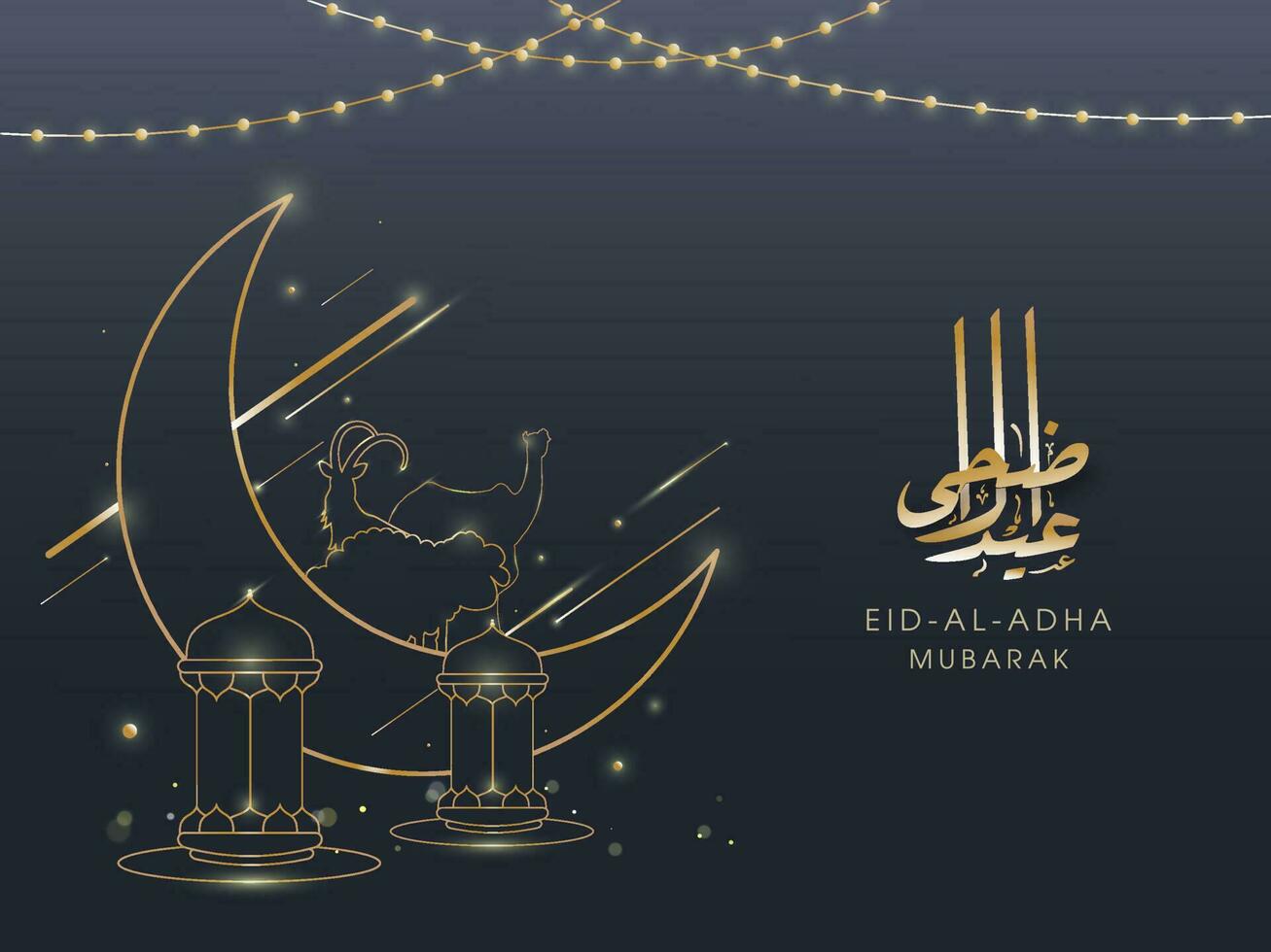 golden eid-al-adha Mubarak Kalligraphie mit Linie Kunst Halbmond Mond, Tiere, Laternen und Beleuchtung Girlande dekoriert auf grau Hintergrund. vektor