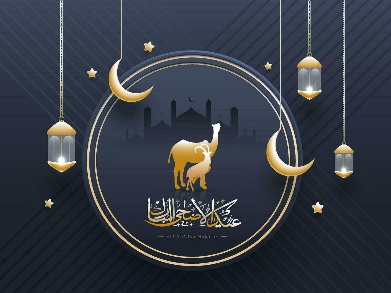 eid-al-adha Mubarak Poster Design mit golden Kamel, Ziege, glänzend Sterne, hängend Halbmond Mond und beleuchtet Laternen dekoriert auf grau Kreuz Streifen Muster Hintergrund. vektor