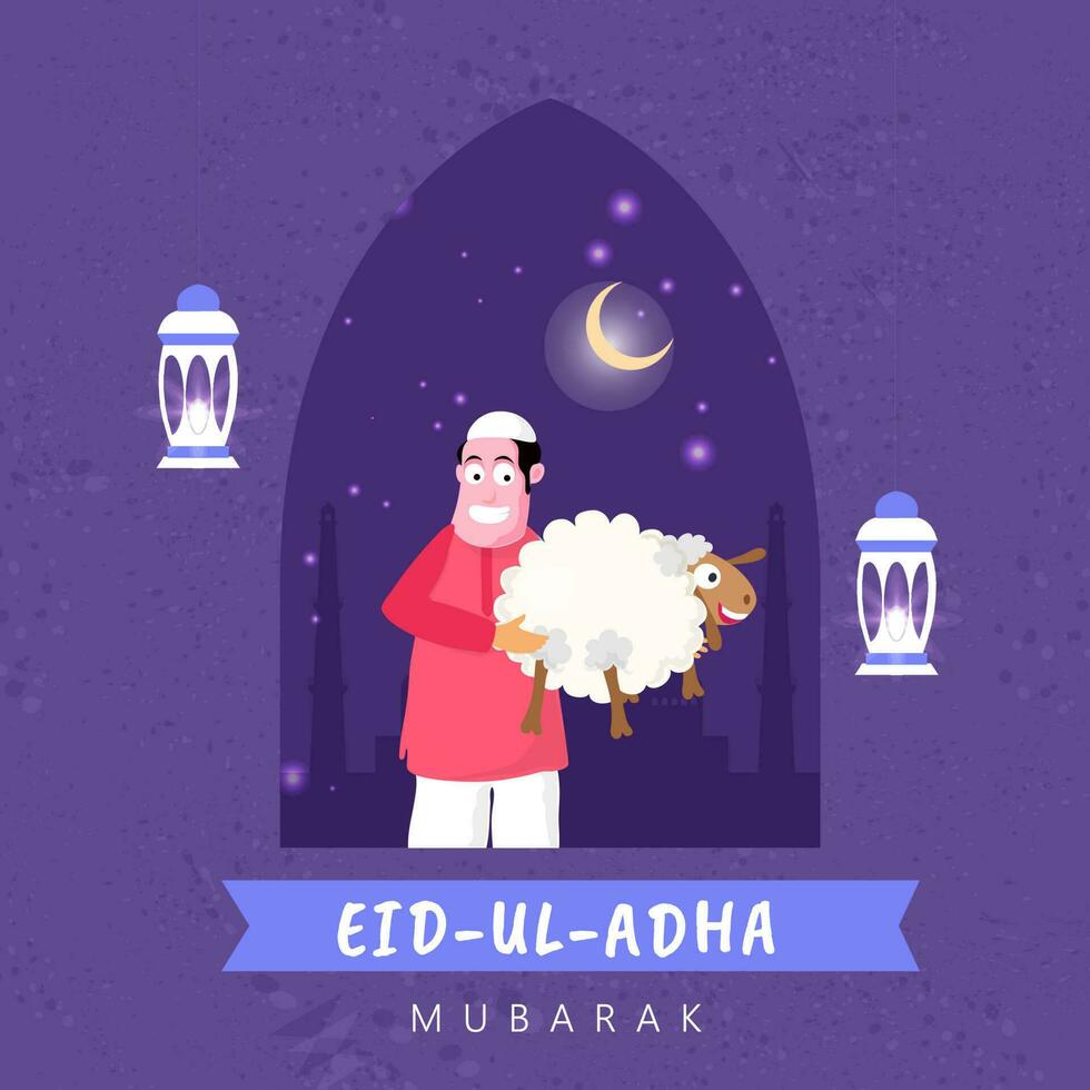 heiter Muslim Mann halten Karikatur Schaf mit hängend beleuchtet Laternen und Halbmond Mond auf lila abstrakt Hintergrund zum eid-ul-adha Mubarak Konzept. vektor
