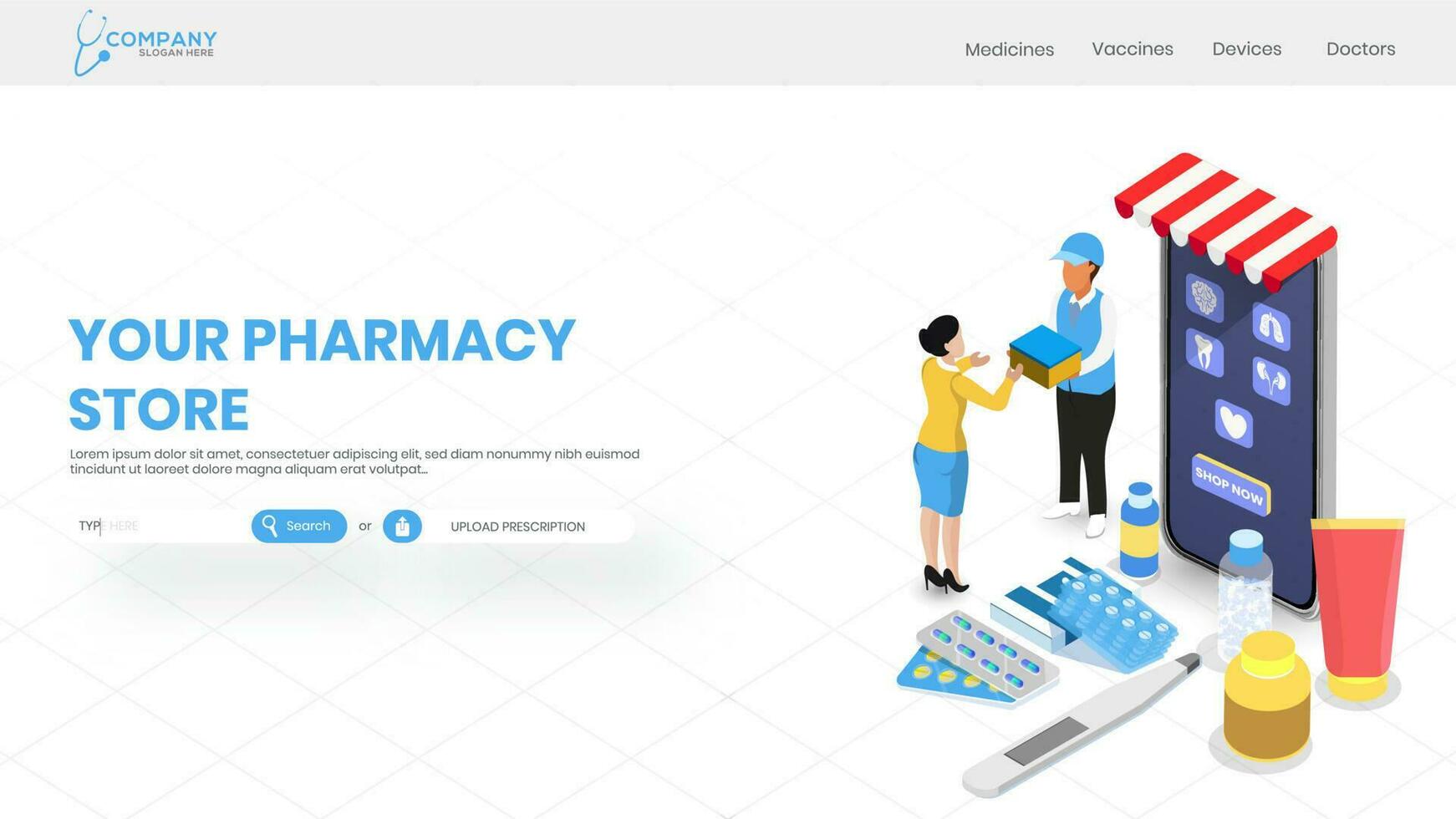 Ihre Apotheke Geschäft Webseite Design mit 3d Illustration von anders Medizin und Thermometer und Lieferung Mann geben Paket zu Frau. vektor