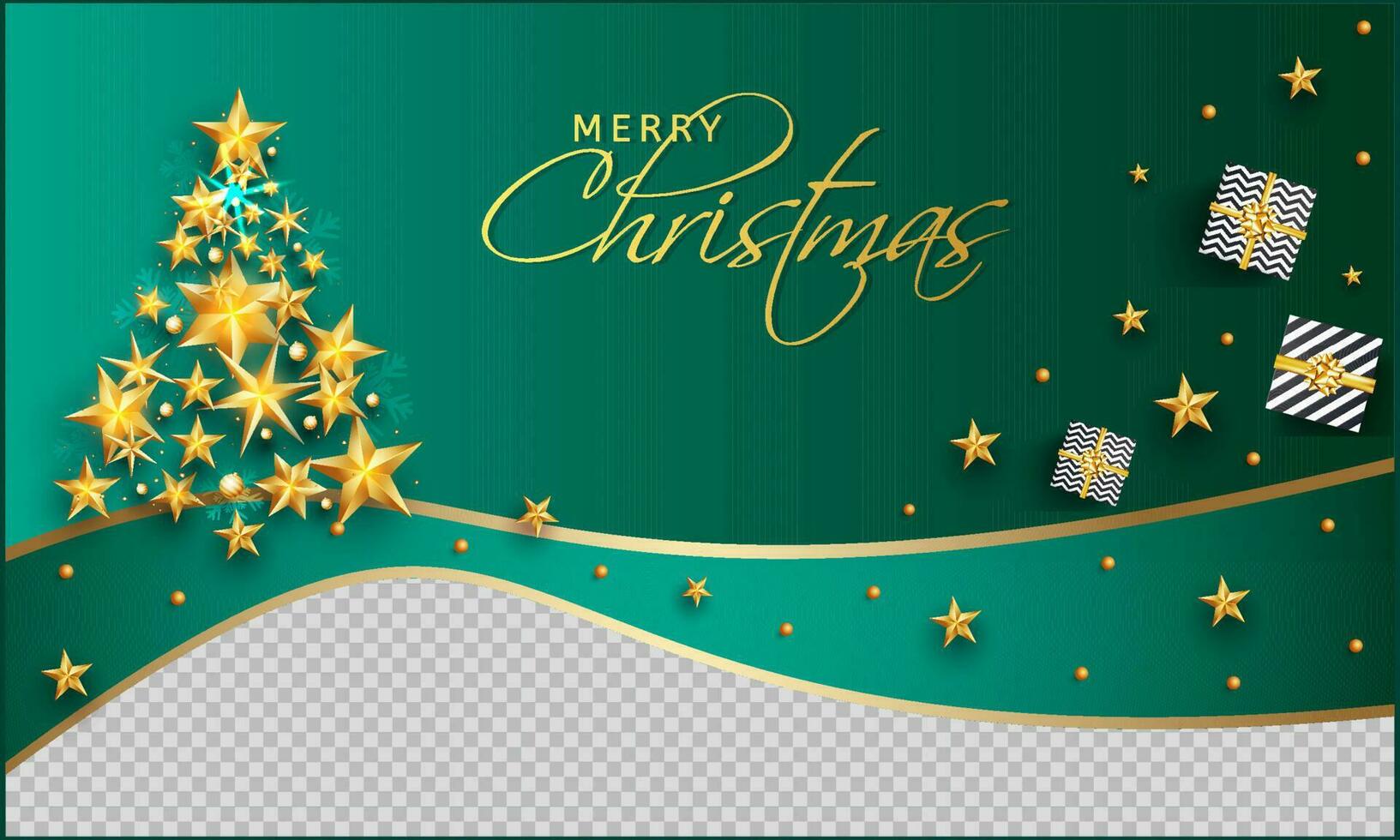 fröhlich Weihnachten Feier Gruß Karte Design dekoriert mit oben Aussicht von Geschenk Kasten, golden Sterne und Kugeln. vektor