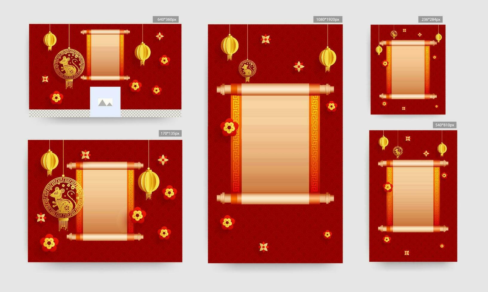 Chinesisch Muster Hintergrund dekoriert mit hängend golden Ratte Tierkreis, Papier Schnitt Laternen, Blumen und leeren scrollen Papier gegeben zum Ihre Botschaft. Sozial Medien Banner und Vorlage Satz. vektor