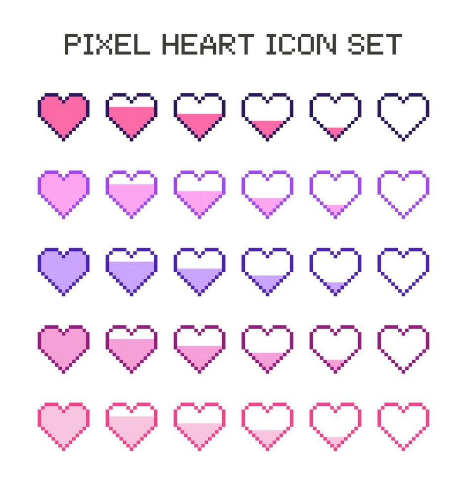 pixel hjärta uppsättning, 8 bit, hälsa bar, spel, ikon uppsättning, trendig vektor illustration