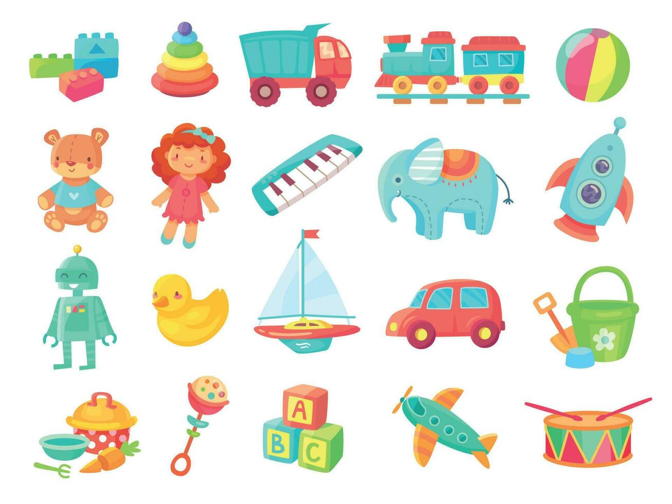 Kinder Karikatur Spielzeuge. Baby Puppe, Zug auf Eisenbahn, Ball, Autos, Boot, Jungs und Mädchen Spaß isoliert Plastik Spielzeug Vektor Sammlung