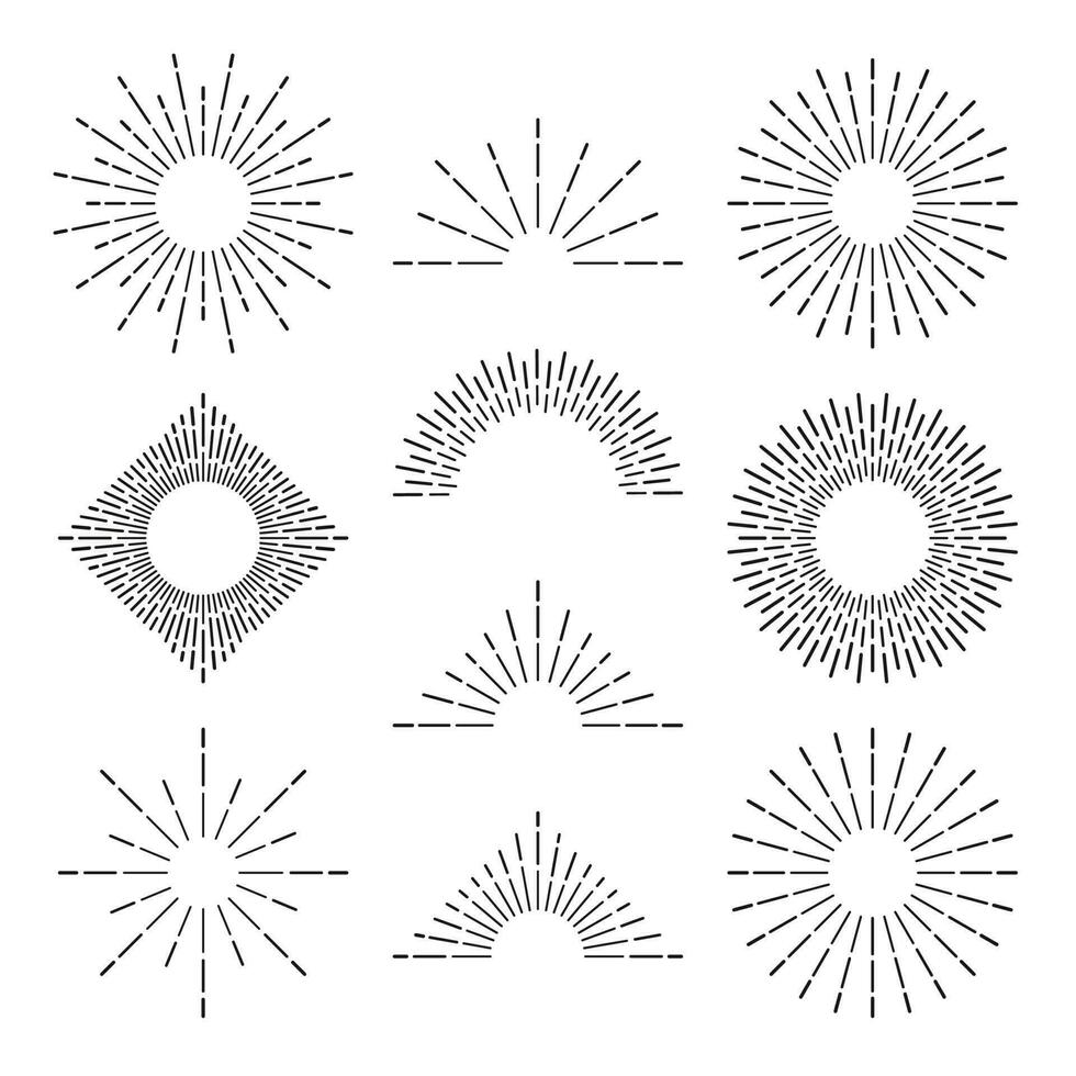 retro Sunburst Strahlen. strahlend Sonnenuntergang oder Sonnenaufgang platzen Licht Linien. abstrakt Hand gezeichnet Sonnenuntergänge Vektor Symbole einstellen