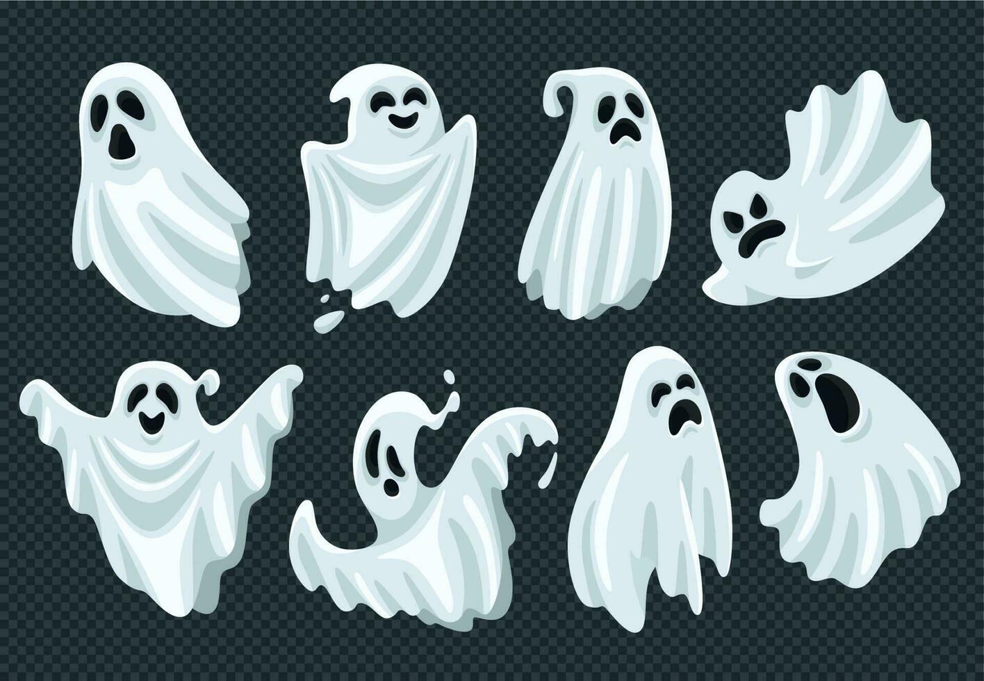 gespenstisch Halloween Geist. fliegen Phantom Geist mit unheimlich Gesicht. gespenstisch Erscheinung im Weiß Stoff Vektor Illustration einstellen