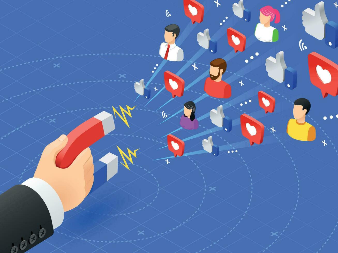 marknadsföring magnet engagerande anhängare. social media gillar och följer magnetism. influencer annonsera strategi vektor illustration