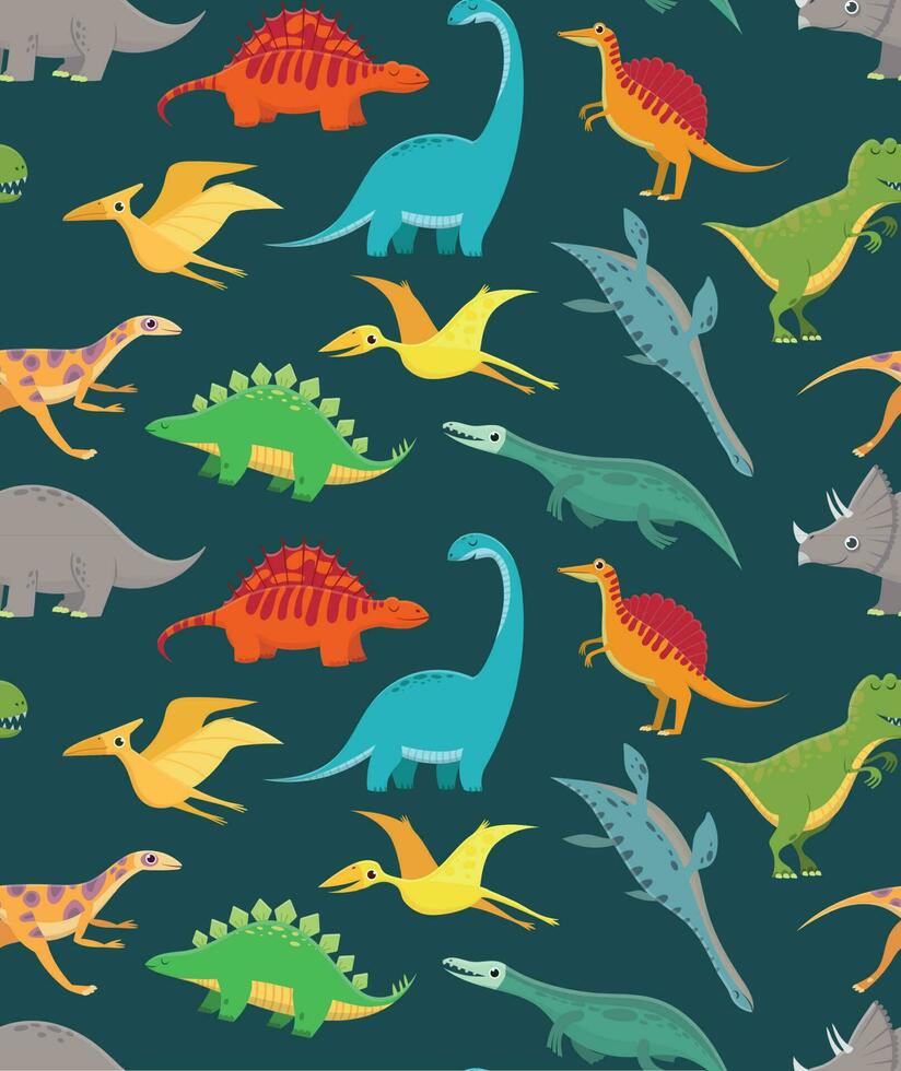 dinosaurie sömlös mönster. söt barn dinosaurier, färgrik drakar. vektor tapet