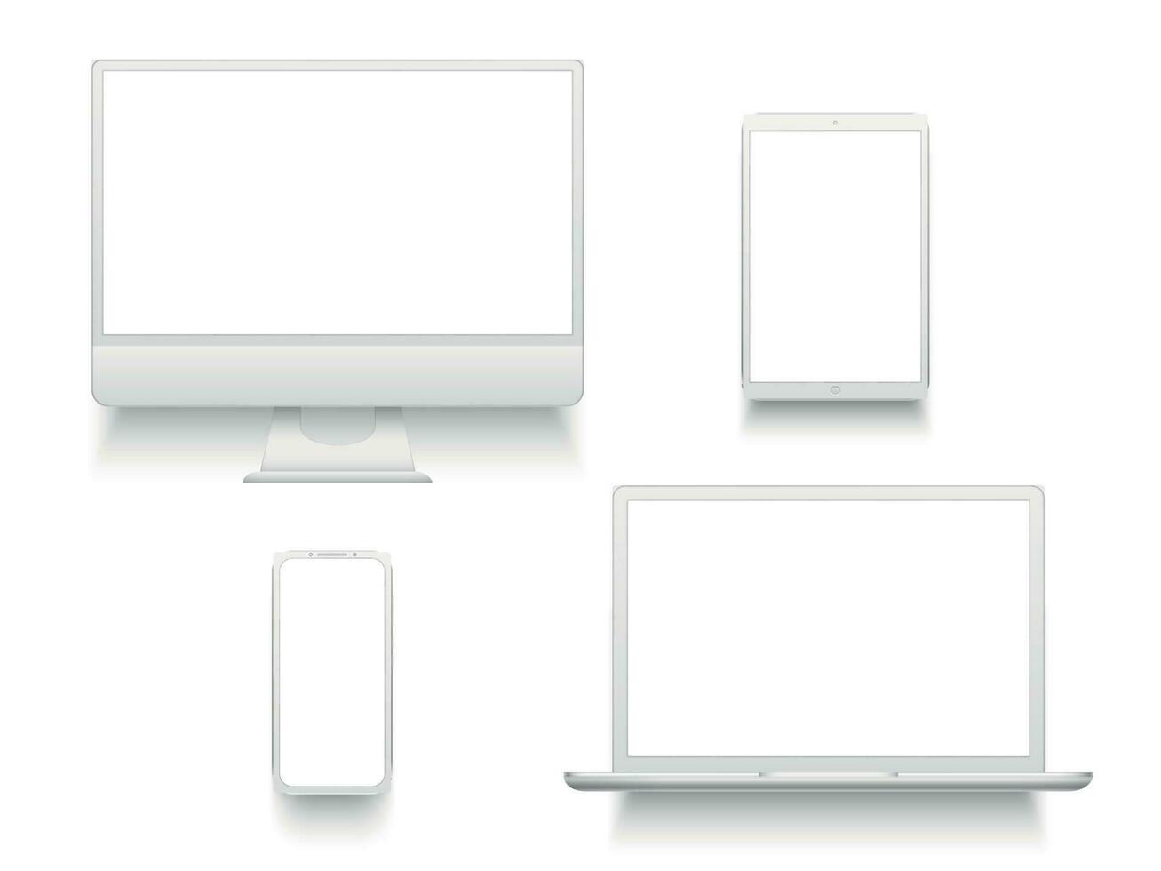 Weiß Desktop Computer Anzeige Bildschirm Smartphone Tablette tragbar Notizbuch oder Laptop. Attrappe, Lehrmodell, Simulation Elektronik Geräte Vektor einstellen
