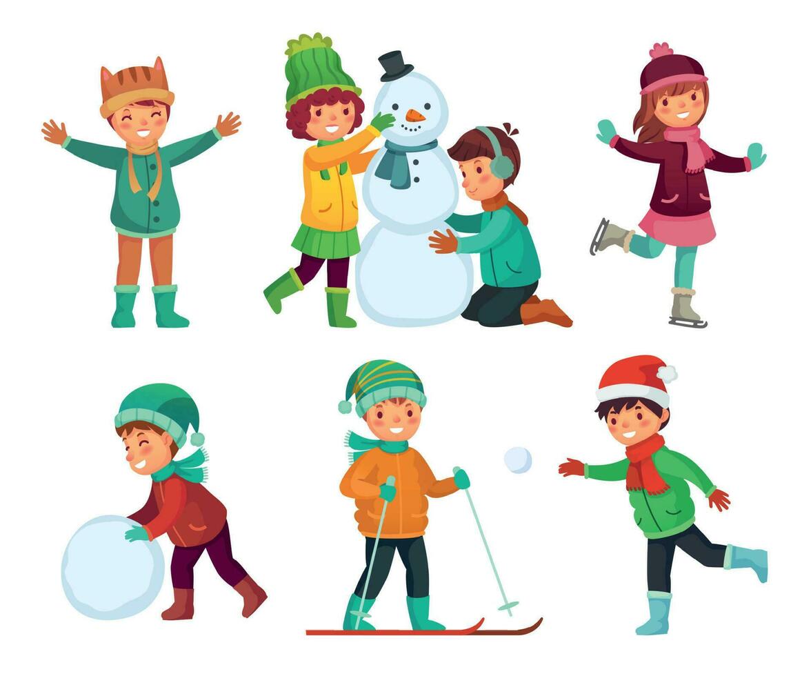 glücklich Kinder Winter Aktivitäten. Kinder spielen mit Schnee. Karikatur Kind Zeichen im Winter Hüte Vektor Sammlung