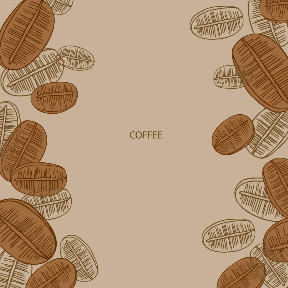 mall med kaffe. bakgrund med korn av kaffe Färg. illustration av en uppsättning av hand dragen kaffe bönor, mönster. för märka, tryck, förpackning, kort, bakgrund för text. design element. vektor
