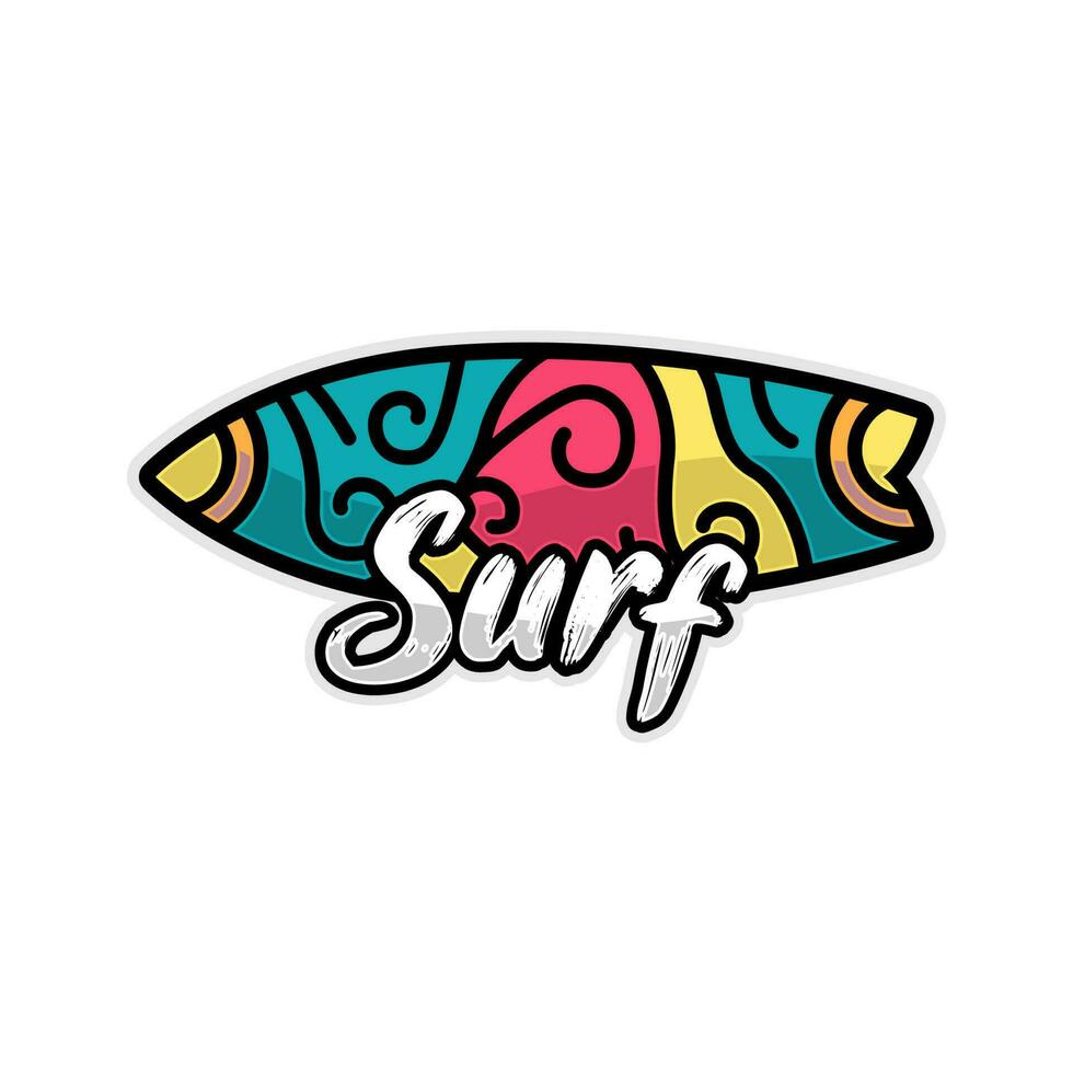 surfa emblem vektor mall, färgrik surfingbräda med text