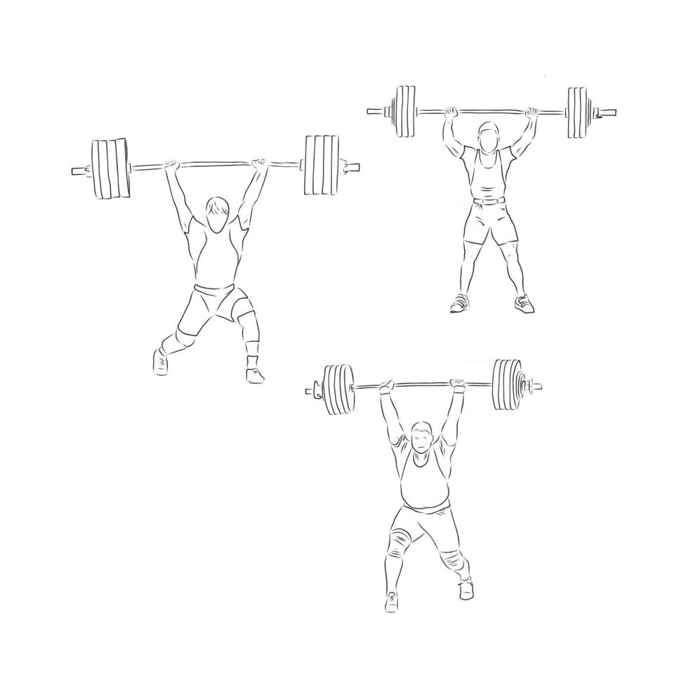 sportig man lyfter en tung vikt skivstång i gymmet stark idrottsman gör träning med skivstång manlig tyngdlyftare håller en skivstång handritad vektor skiss illustration på vit bakgrund lyftstång tyngdlyftare vektor skiss illustration