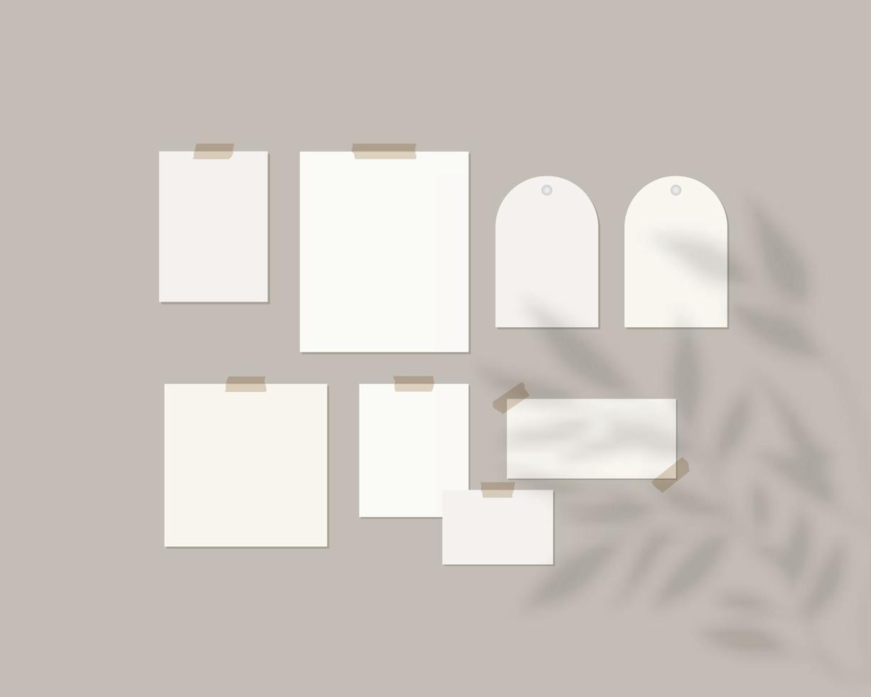 Moodboard Mockup Vorlage leere Blätter von weißem Papier an der Wand mit Schatten Overlay Mockup Vektor isoliert Vorlage Design realistische Vektor-Illustration