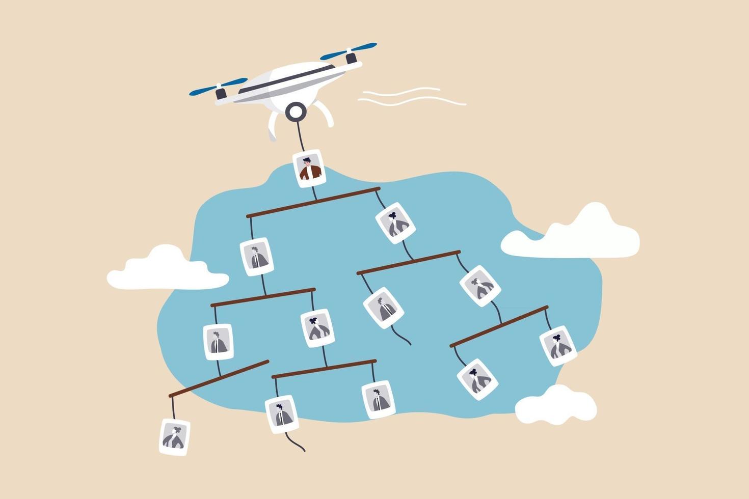 Management-Team oder Mitarbeiter Baum und Hierarchie Arbeitsebene Konzept fliegende Drohne tragen mobile Unternehmen Organigramm in den Himmel vektor