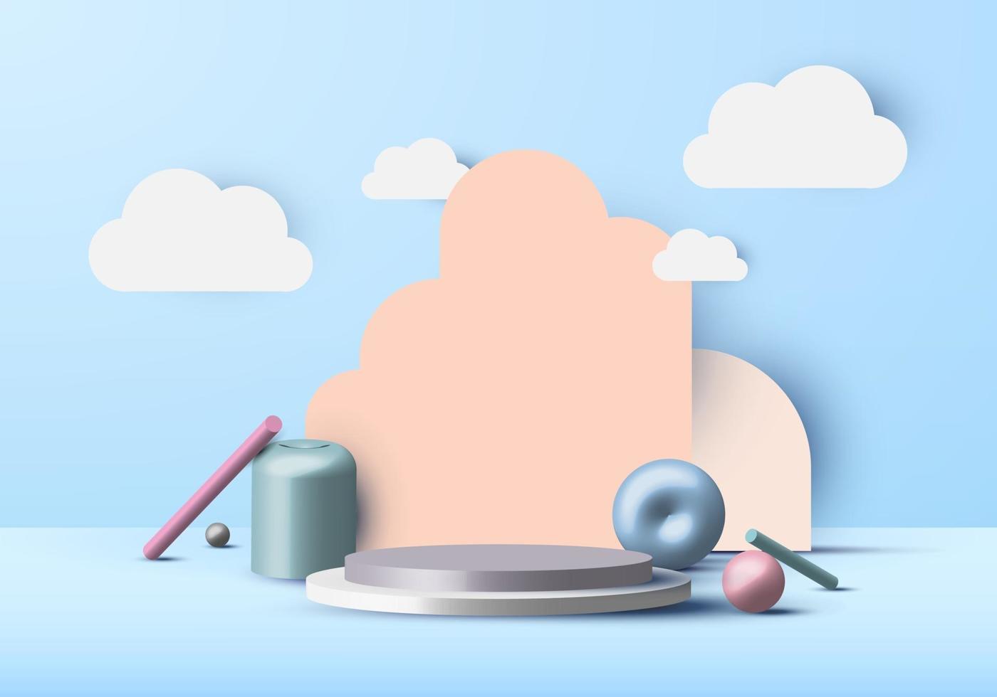 3D realistiska abstrakta minimala geometriska scenformer och tom podiumskärm med moln på bakgrund för blå himmel vektor