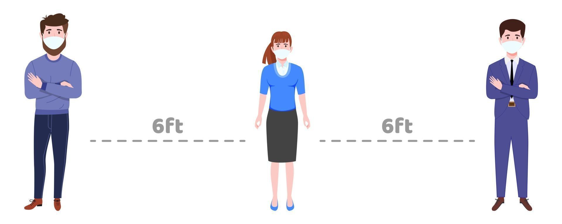 ung affärsman och affärskvinnakaraktär som bär färgglad affärsdräkt och ansiktsmask som håller socialt avstånd 6ft vektor