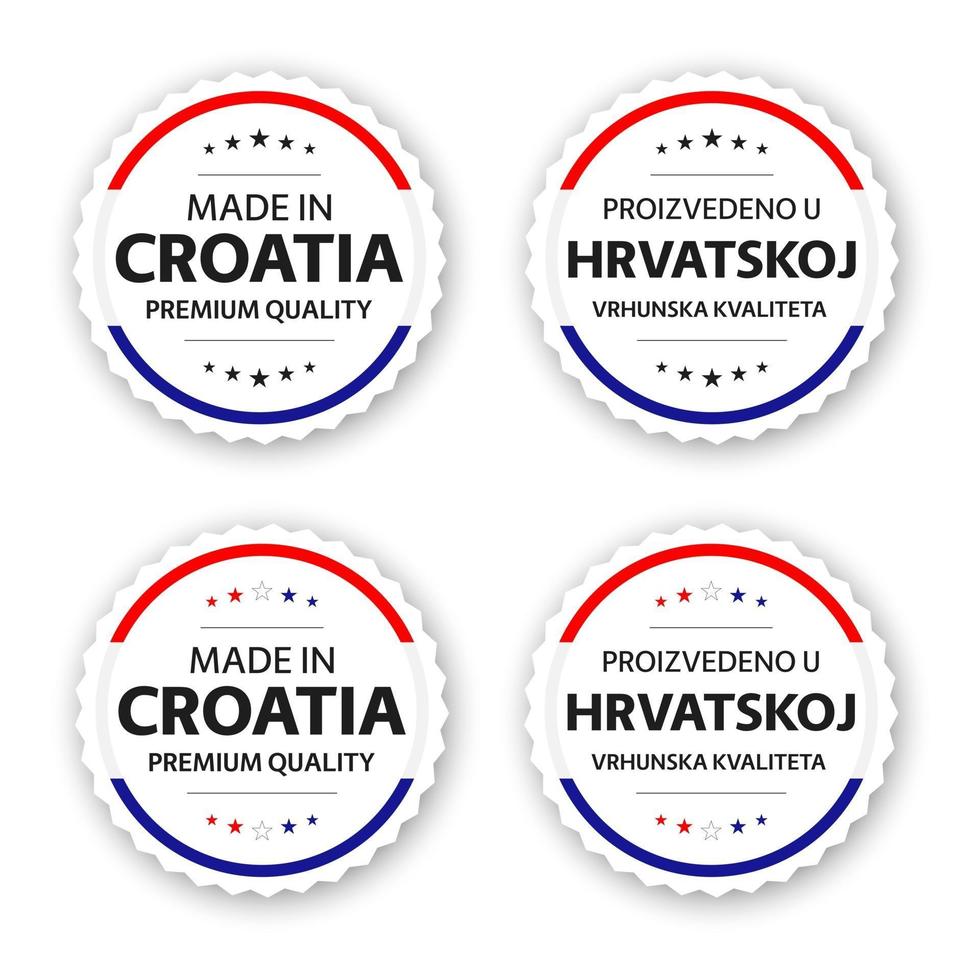 uppsättning av fyra kroatiska etiketter tillverkade i kroatien på kroatiska proizvedeno u hrvatskoj premiumklistermärken och symboler med stjärnor enkel vektorillustration isolerad på vit bakgrund vektor