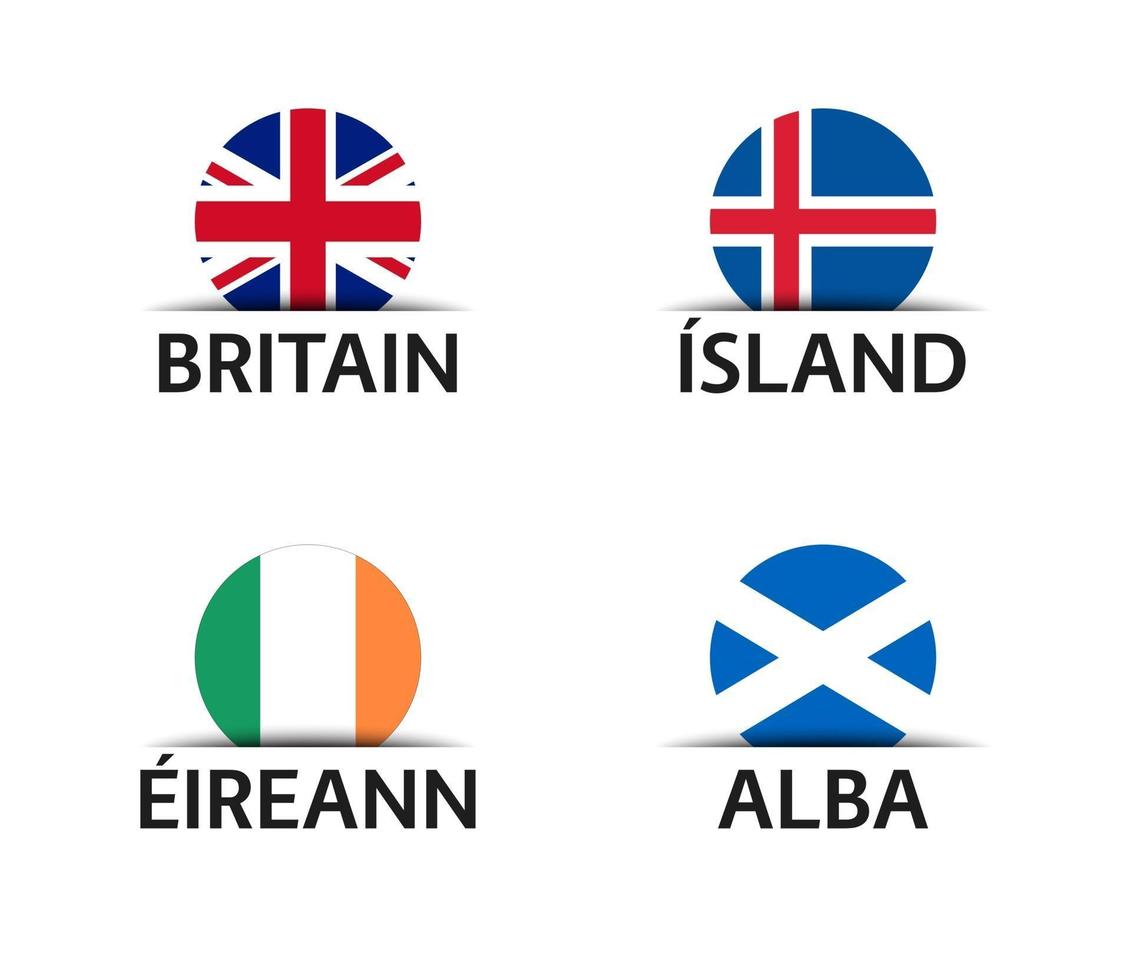 Großbritannien Island Irland und Schottland Satz von vier einfachen Symbolen der britischen isländischen irischen und schottischen Aufkleber mit Flaggen lokalisiert auf einem weißen Hintergrund vektor