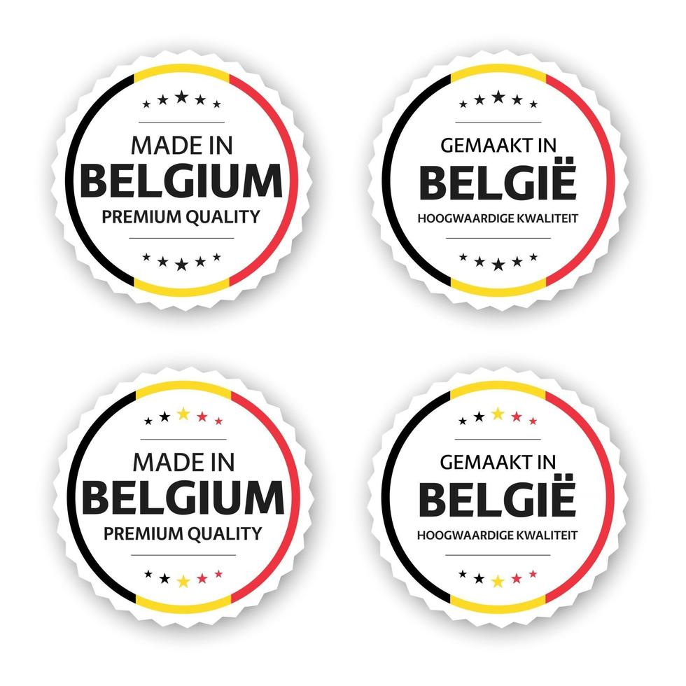 uppsättning av fyra belgiska etiketter gjorda i belgien på nederländska gjorda i Belgien premiumkvalitets klistermärken och symboler med stjärnor enkel vektorillustration isolerad på vit bakgrund vektor