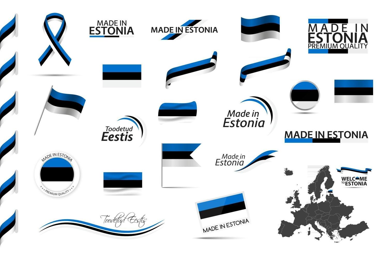 großer Vektorsatz von Symbolen und Flaggen der estnischen Bänder Symbole lokalisiert auf einem weißen Hintergrund gemacht in Estland und toodetud eestis in Englisch und estnischem Premiumqualitätssatz für Ihre Infografiken und Vorlagen vektor