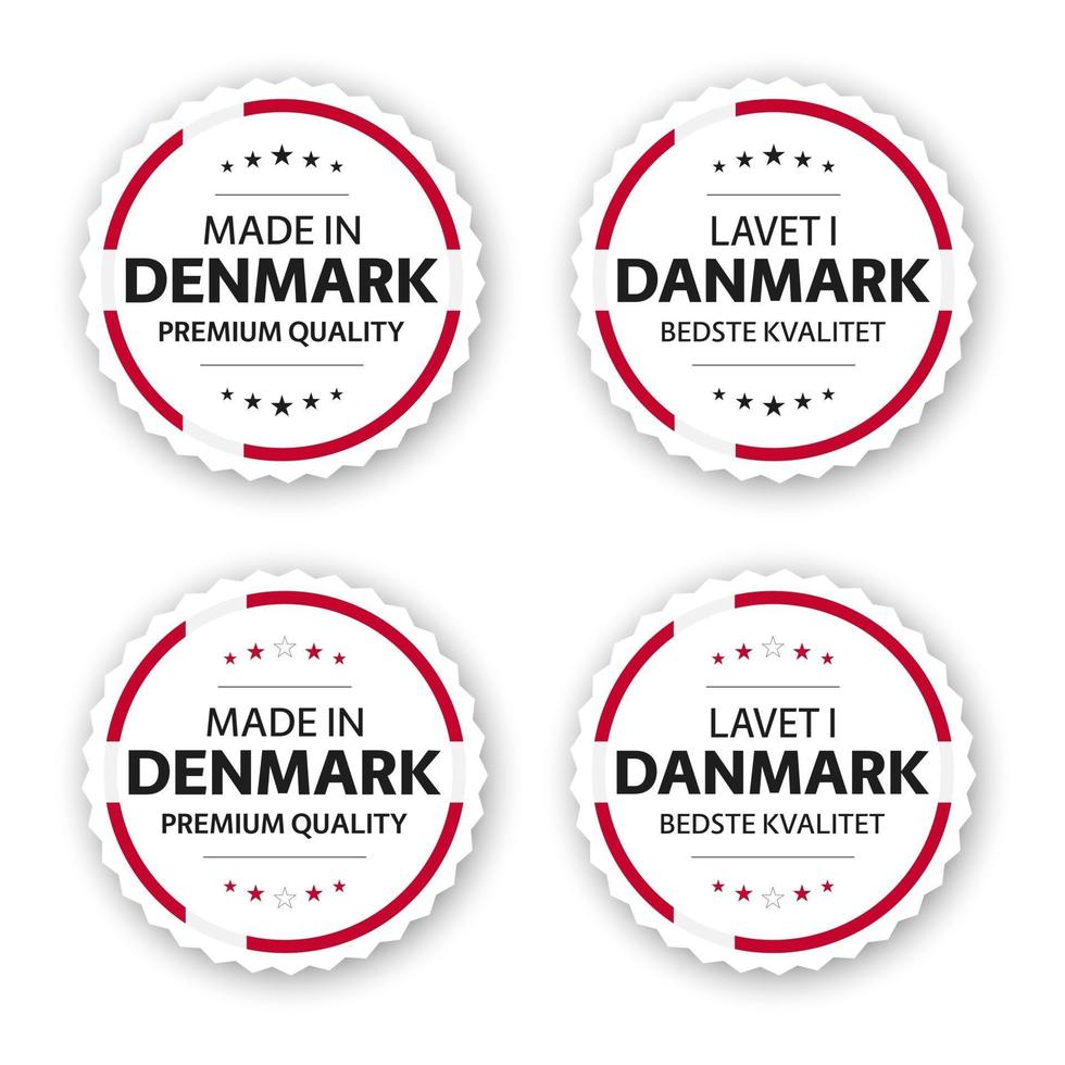 Satz von vier dänischen Etiketten hergestellt in Dänemark in dänischer Lavendel i Danmark Aufkleber und Symbole der Premiumqualität mit Sternen einfache Vektorillustration lokalisiert auf weißem Hintergrund vektor