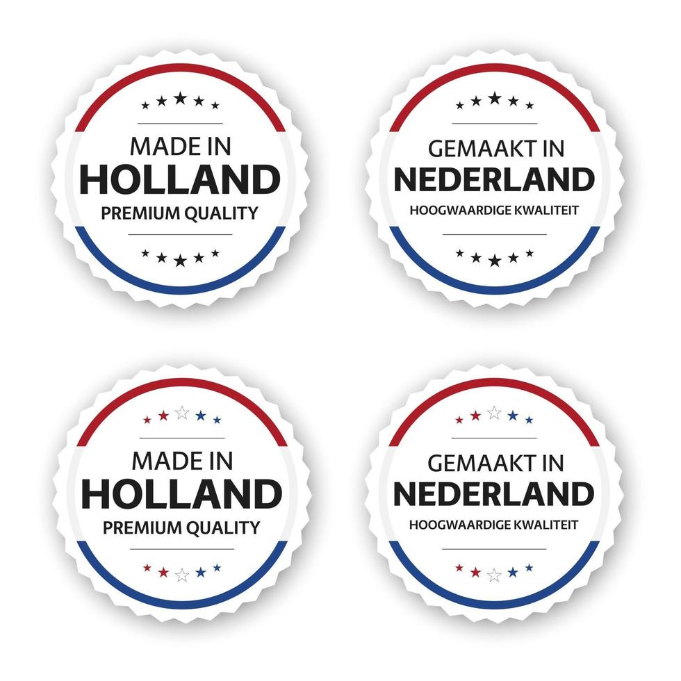 Satz von vier holländischen Etiketten, hergestellt in Holland im holländischen gemaakt in den niederländischen Premiumqualitätsaufklebern und -symbolen mit der einfachen Vektorillustration der Sterne lokalisiert auf weißem Hintergrund vektor